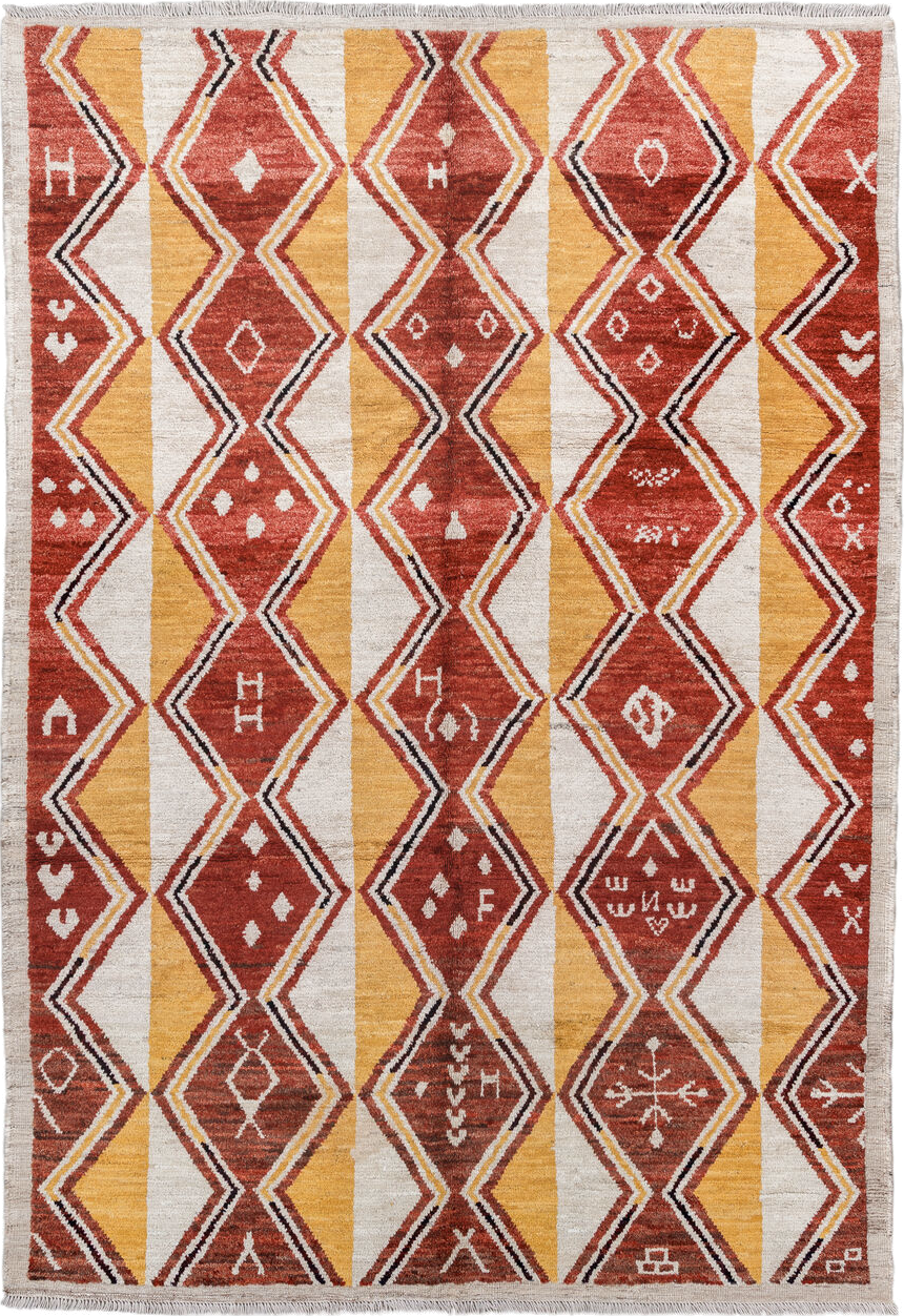 6' x 9' one-of-a-kind handmade vintage Tulu medium size rug. Color palette: rust, ivory, gold, charcoal, saffron, terracotta