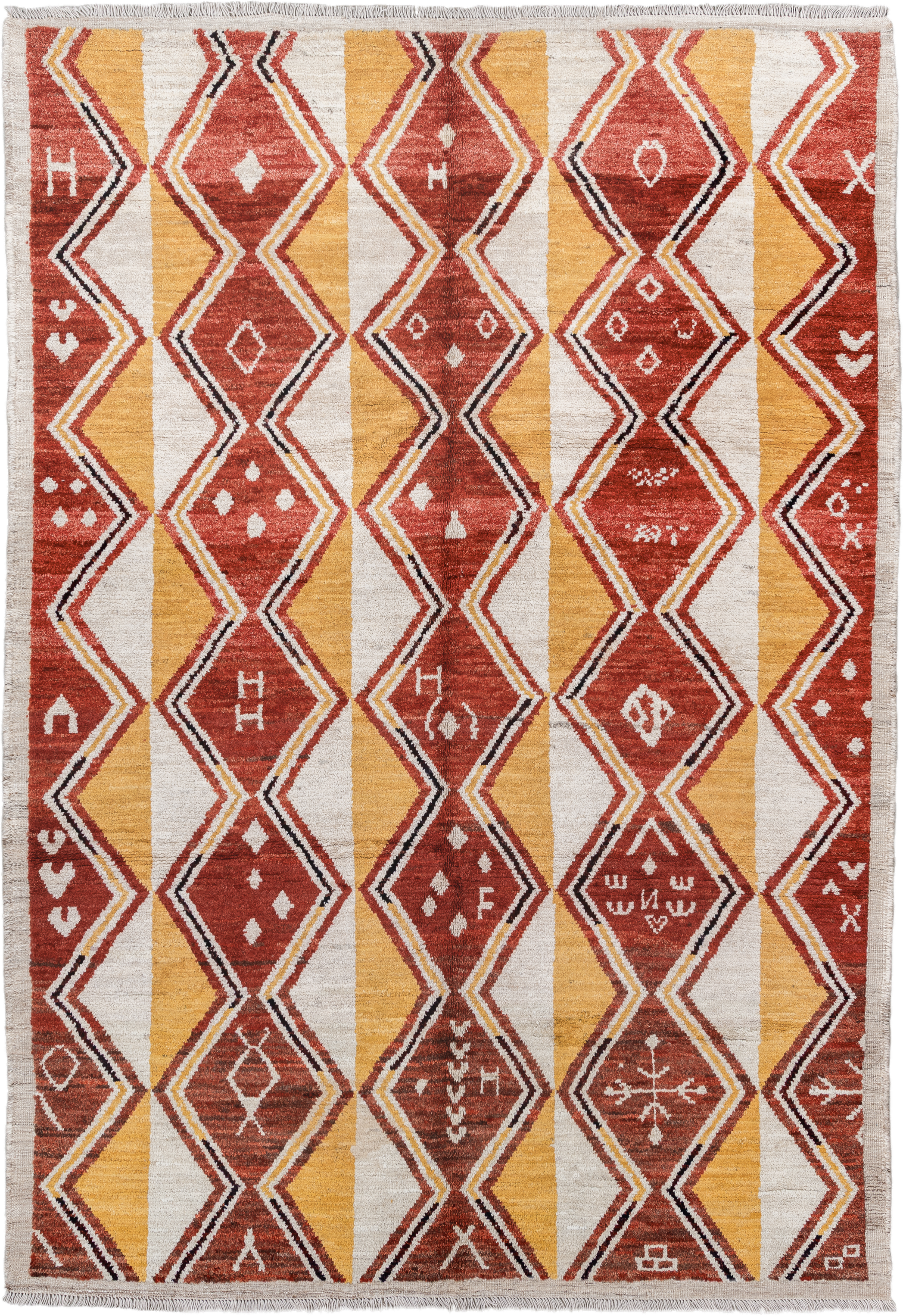 6' x 9' one-of-a-kind handmade vintage Tulu medium size rug. Color palette: rust, ivory, gold, charcoal, saffron, terracotta