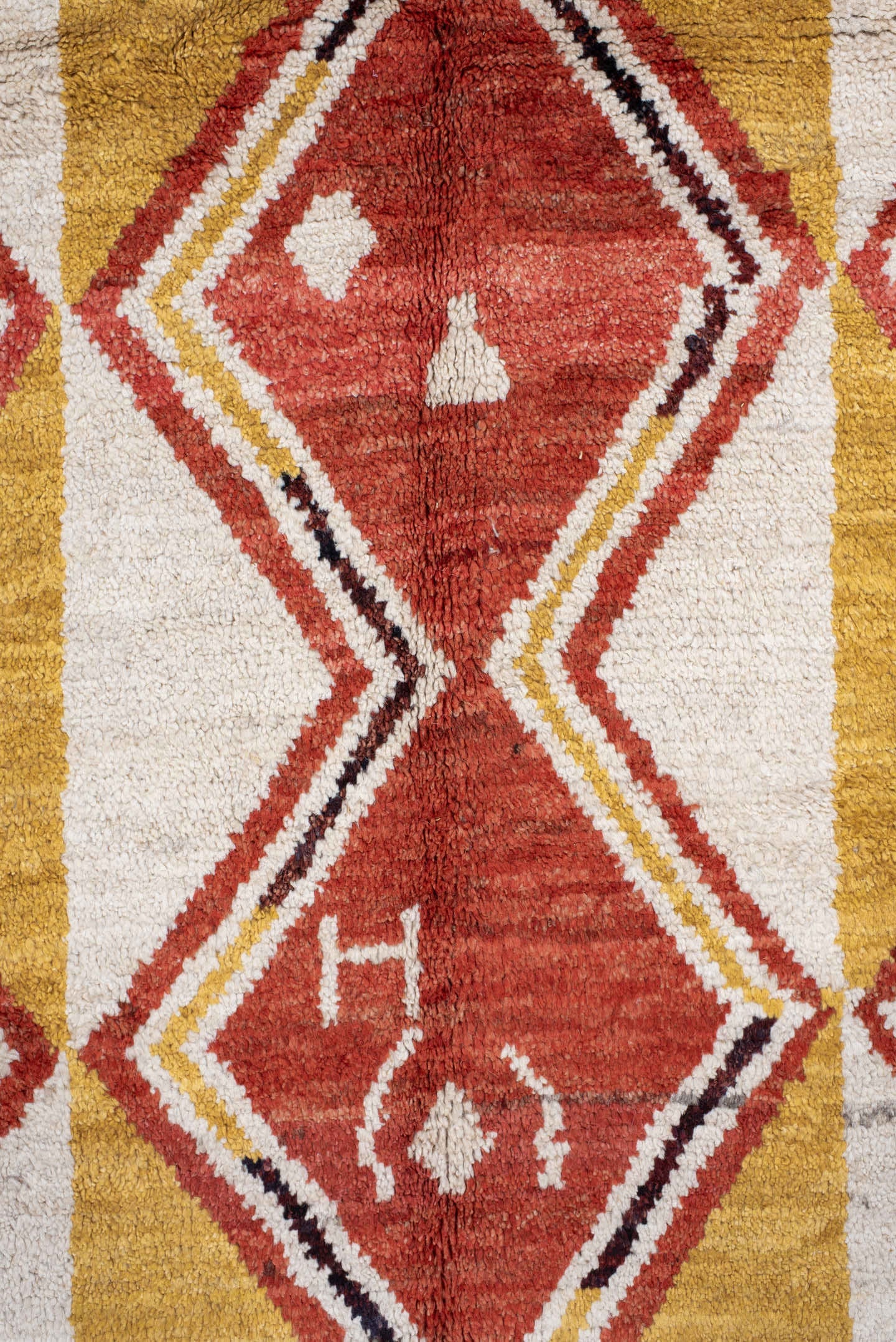 6' x 9' one-of-a-kind handmade vintage Tulu medium size rug. Color palette: rust, ivory, gold, charcoal, saffron, terracotta