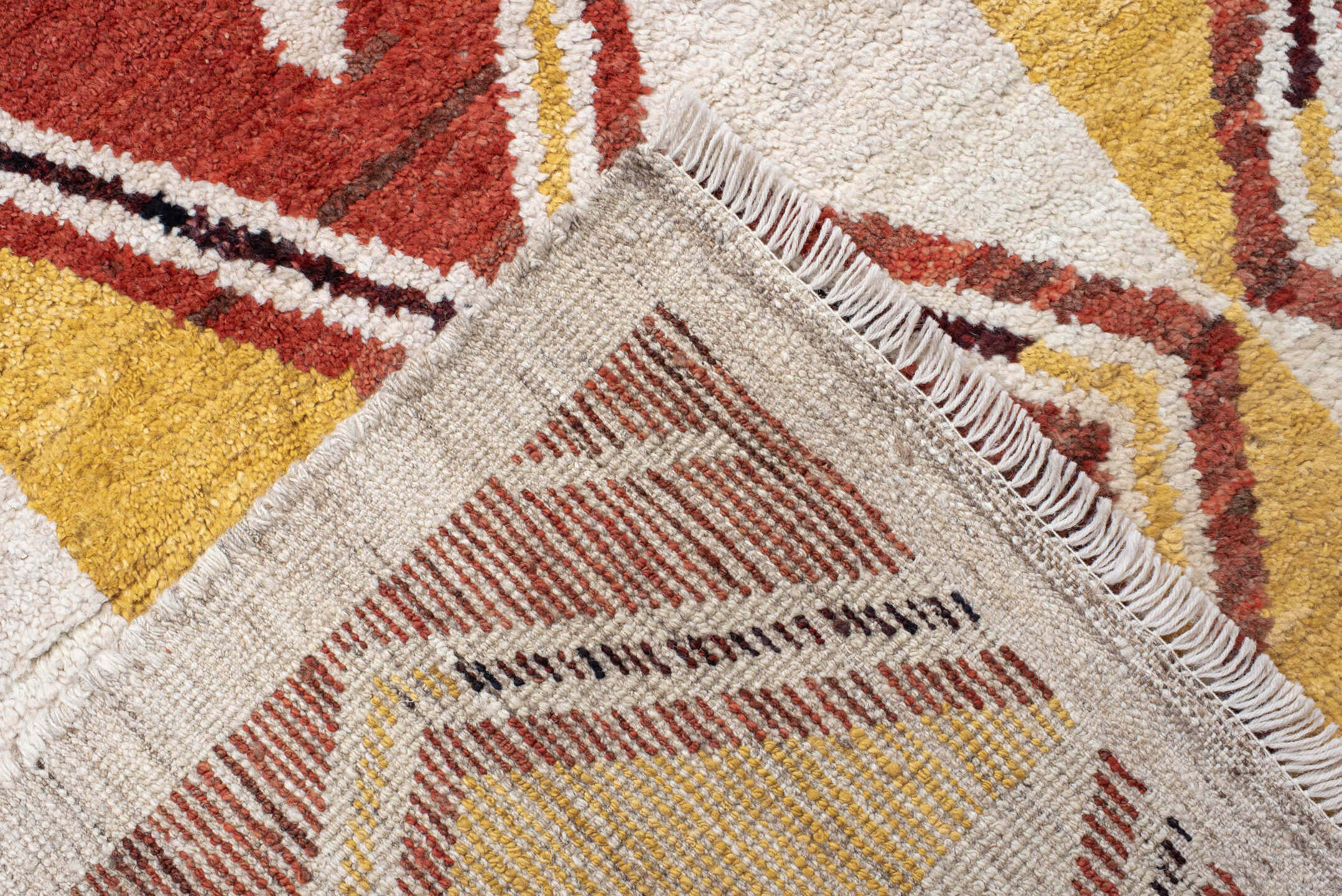 6' x 9' one-of-a-kind handmade vintage Tulu medium size rug. Color palette: rust, ivory, gold, charcoal, saffron, terracotta
