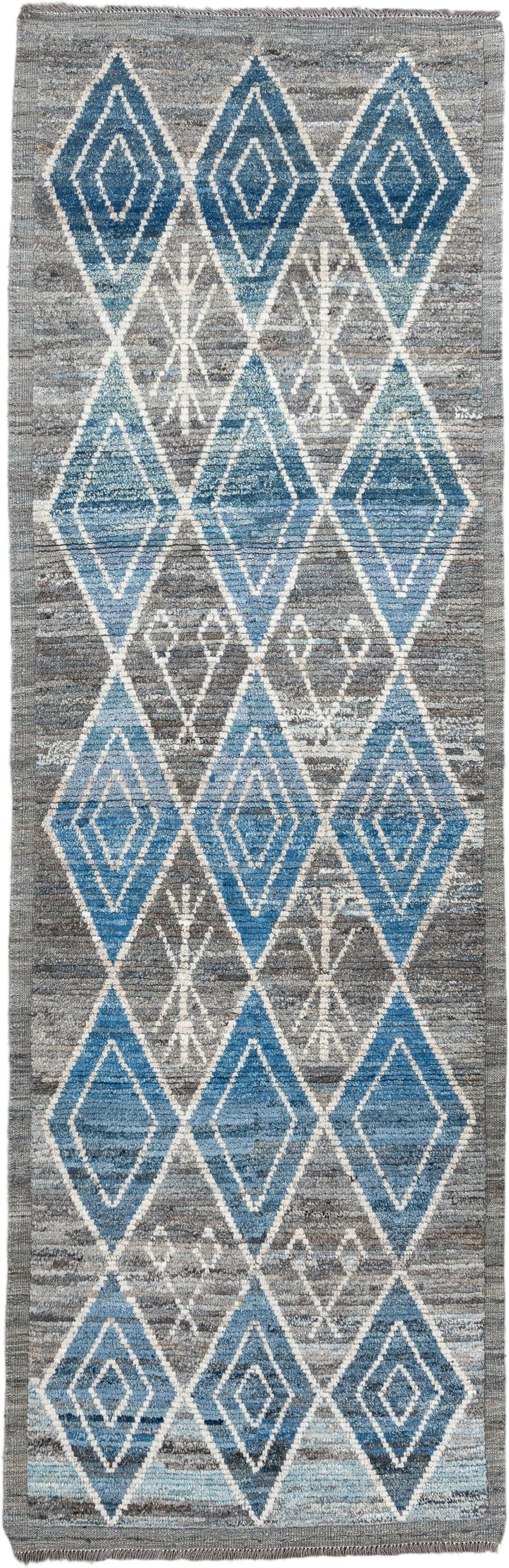3' x 9' one-of-a-kind handmade vintage Tulu runner rug. Color palette: gray, sky blue, ivory, slate, charcoal, light blue