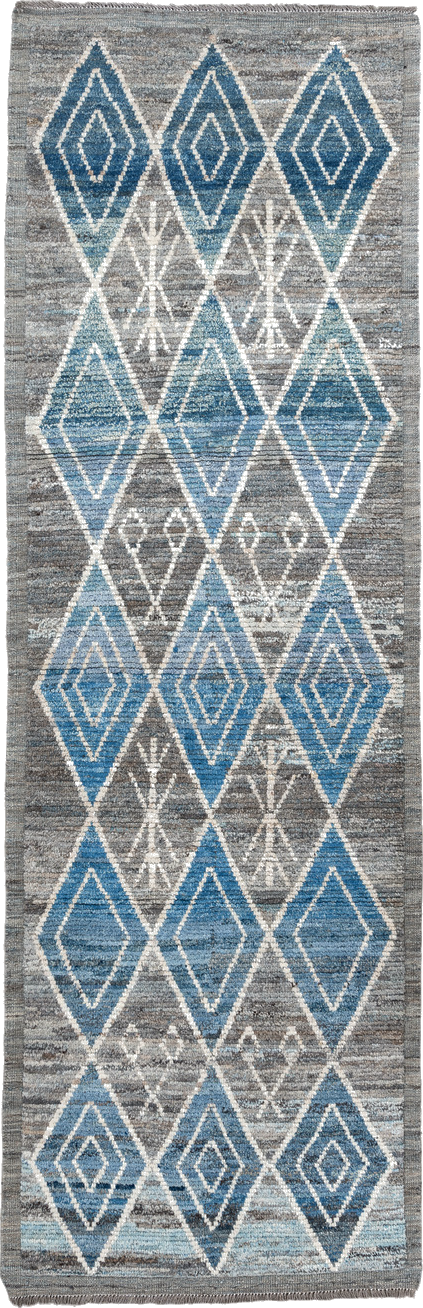 3' x 9' one-of-a-kind handmade vintage Tulu runner rug. Color palette: black, blue, dark gray, dim gray, gainsboro, gray