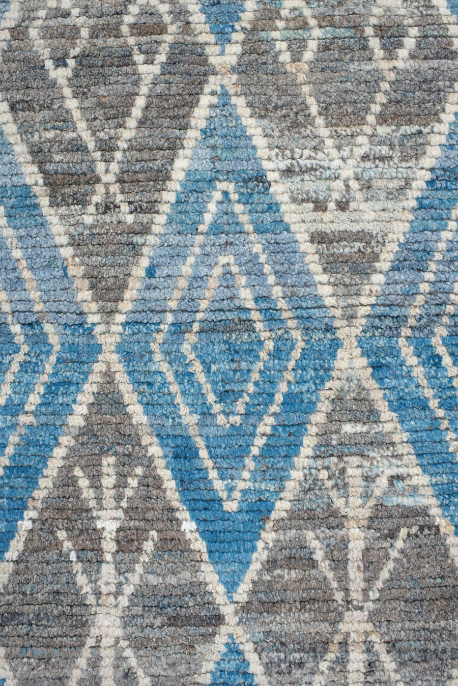 3' x 9' one-of-a-kind handmade vintage Tulu runner rug. Color palette: gray, sky blue, ivory, slate, charcoal, light blue