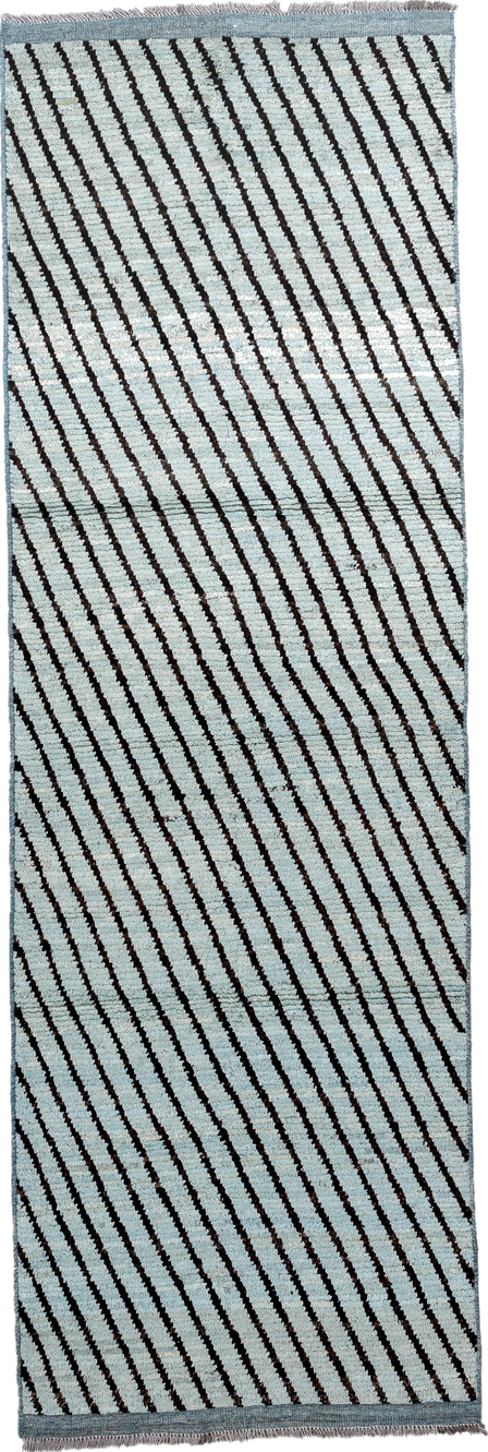 3' x 9' one-of-a-kind handmade vintage Tulu runner rug. Color palette: black, charcoal, dark gray, dim gray, gainsboro, gray