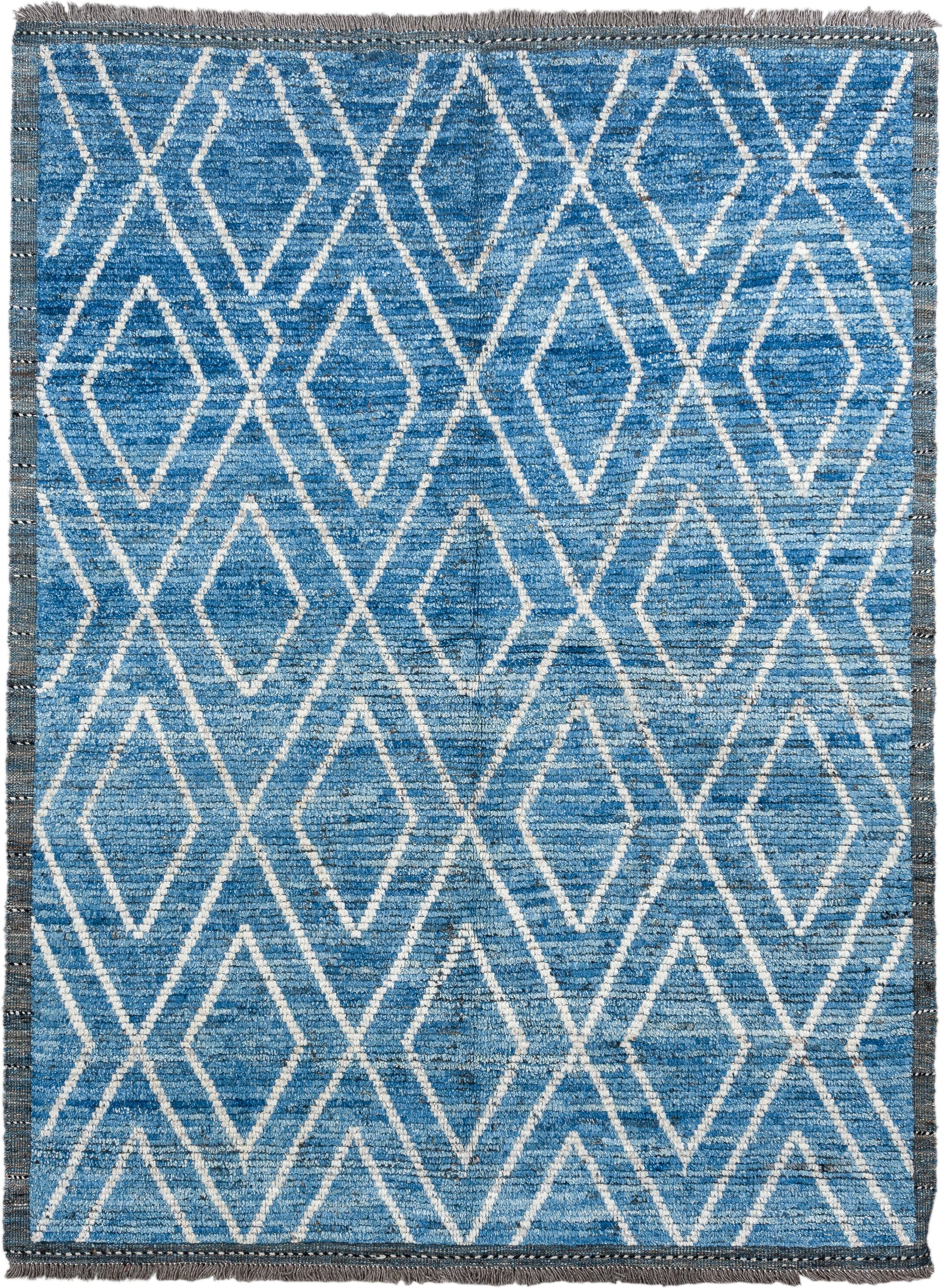 5' x 6' one-of-a-kind handmade vintage Tulu rug. Color palette: blue, ivory, slate, charcoal, gray, black