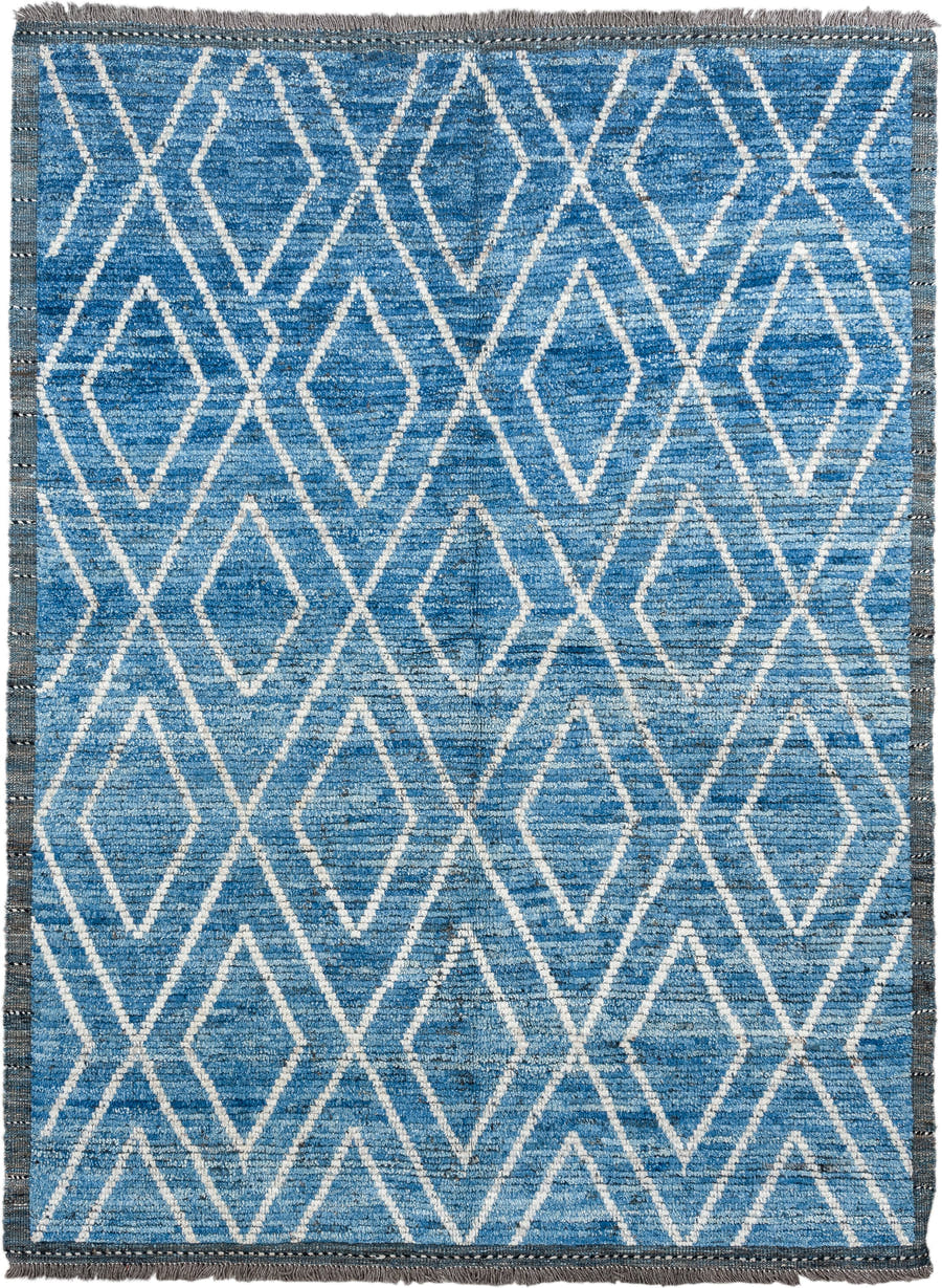 5' x 6' one-of-a-kind handmade vintage Tulu rug. Color palette: blue, ivory, slate, charcoal, gray, black