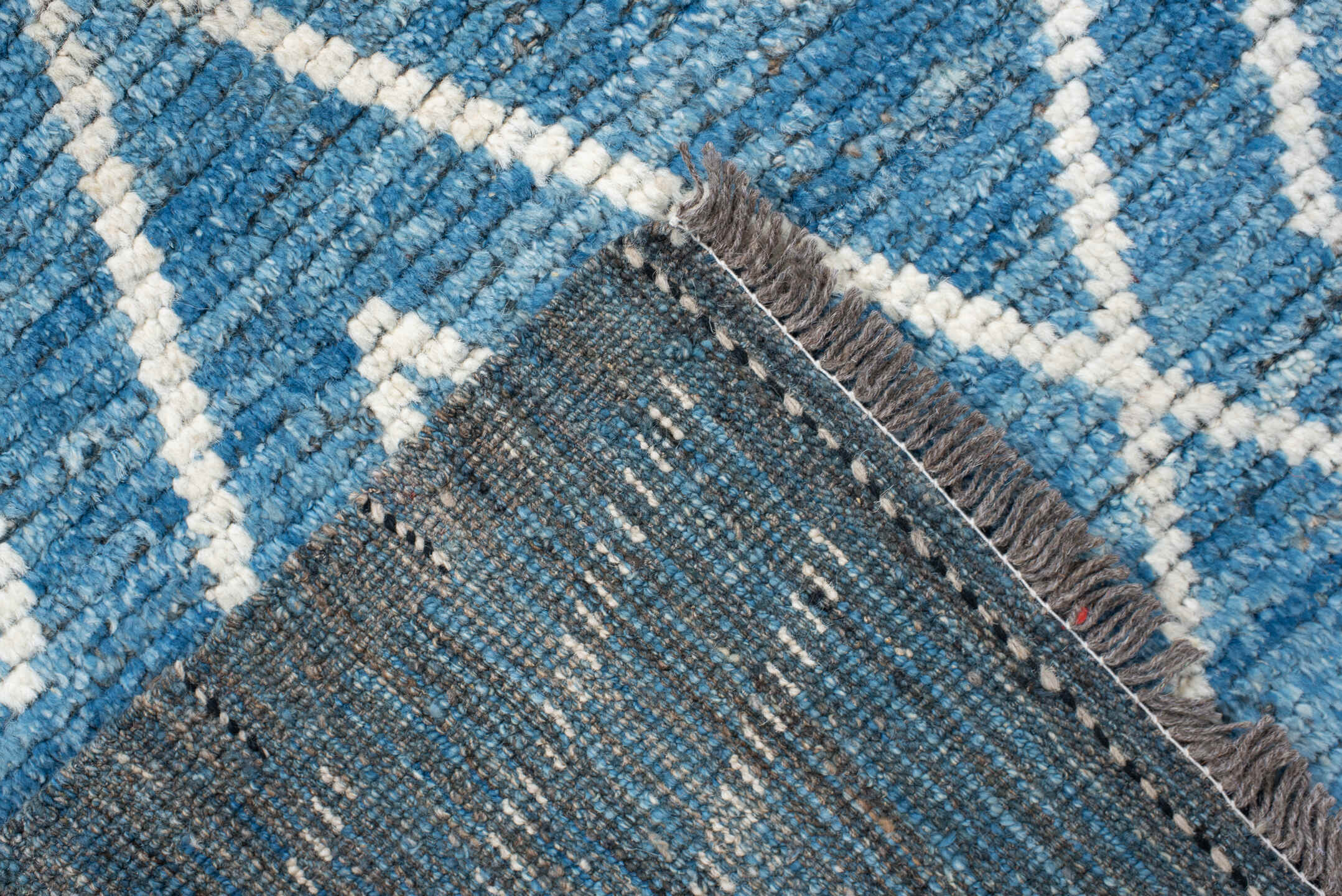 5' x 6' one-of-a-kind handmade vintage Tulu rug. Color palette: blue, ivory, slate, charcoal, gray, black