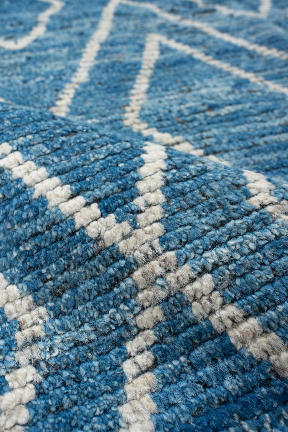 5' x 6' one-of-a-kind handmade vintage Tulu rug. Color palette: blue, ivory, slate, charcoal, gray, black