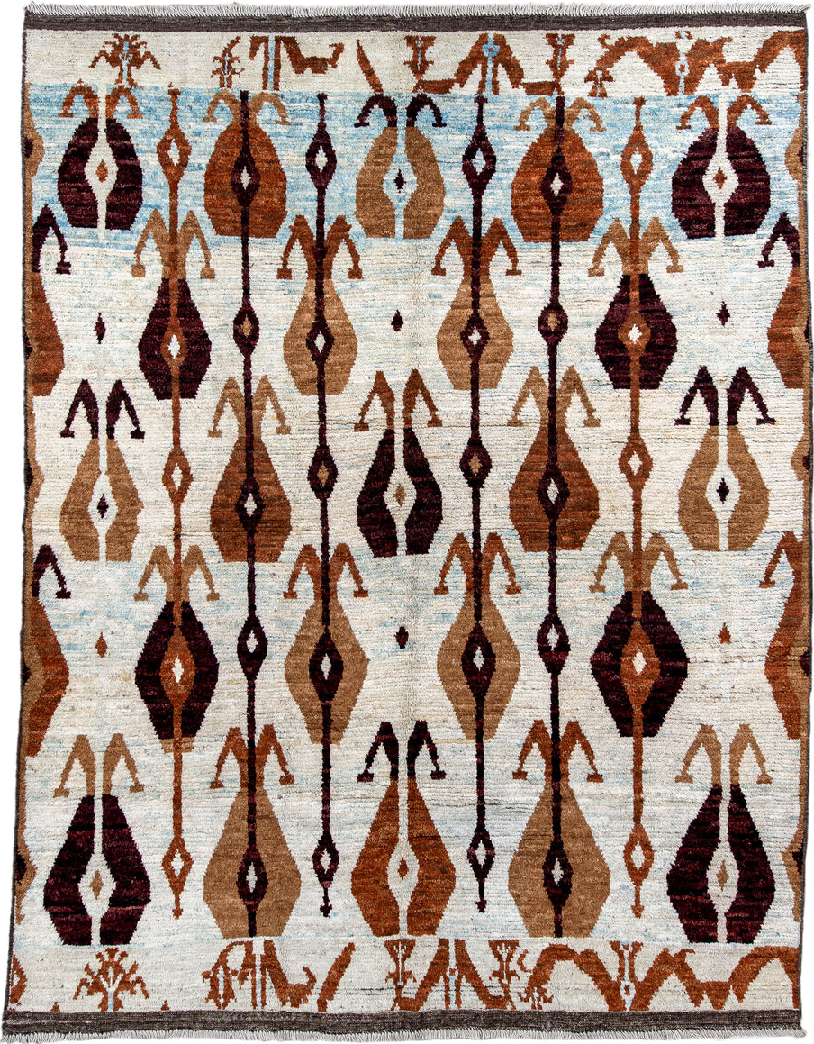 8' x 10' one-of-a-kind handmade vintage Tulu large size rug. Color palette: ivory, camel, rust, burgundy, sky_blue, taupe