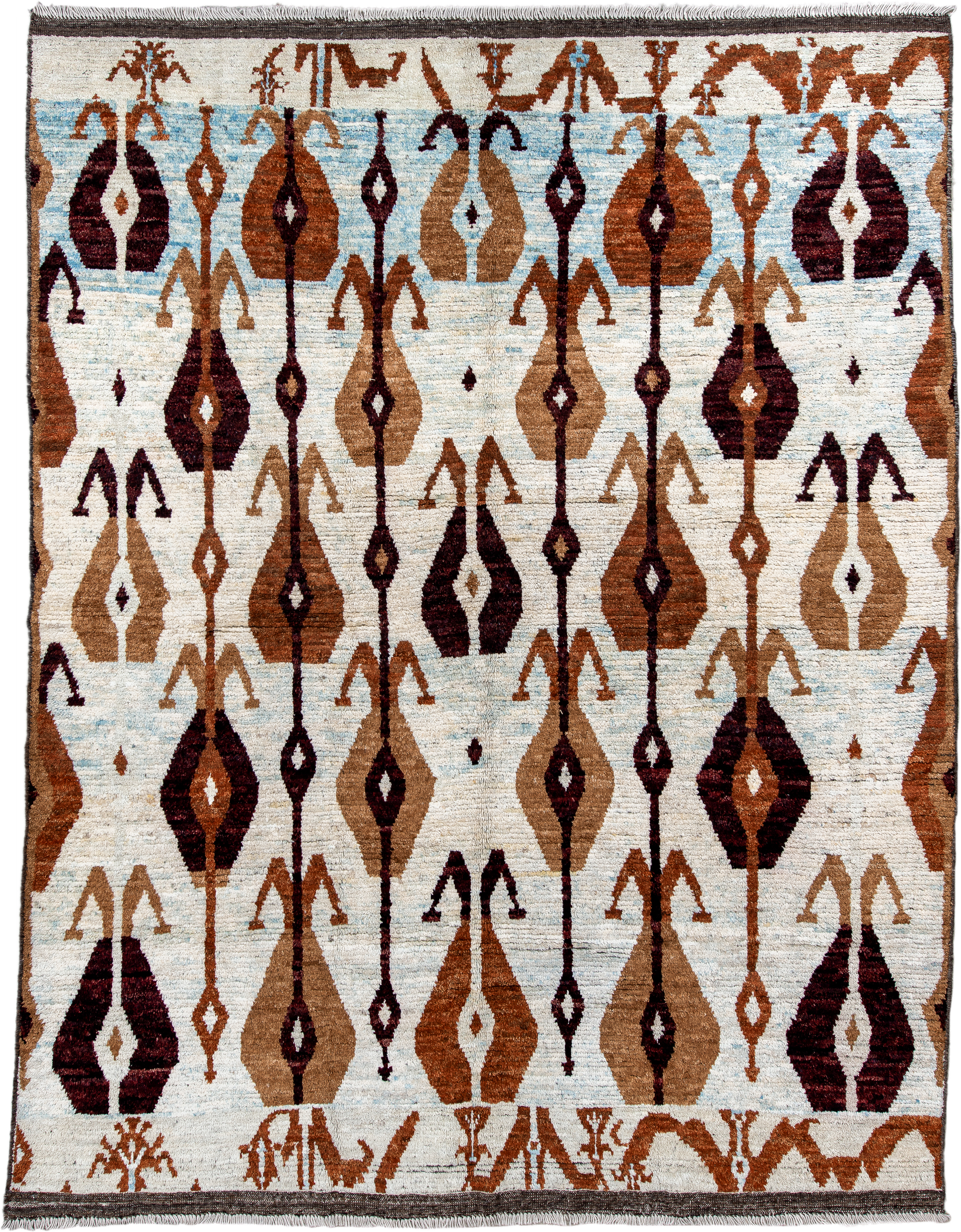 8' x 10' one-of-a-kind handmade vintage Tulu large size rug. Color palette: ivory, camel, rust, burgundy, sky_blue, taupe