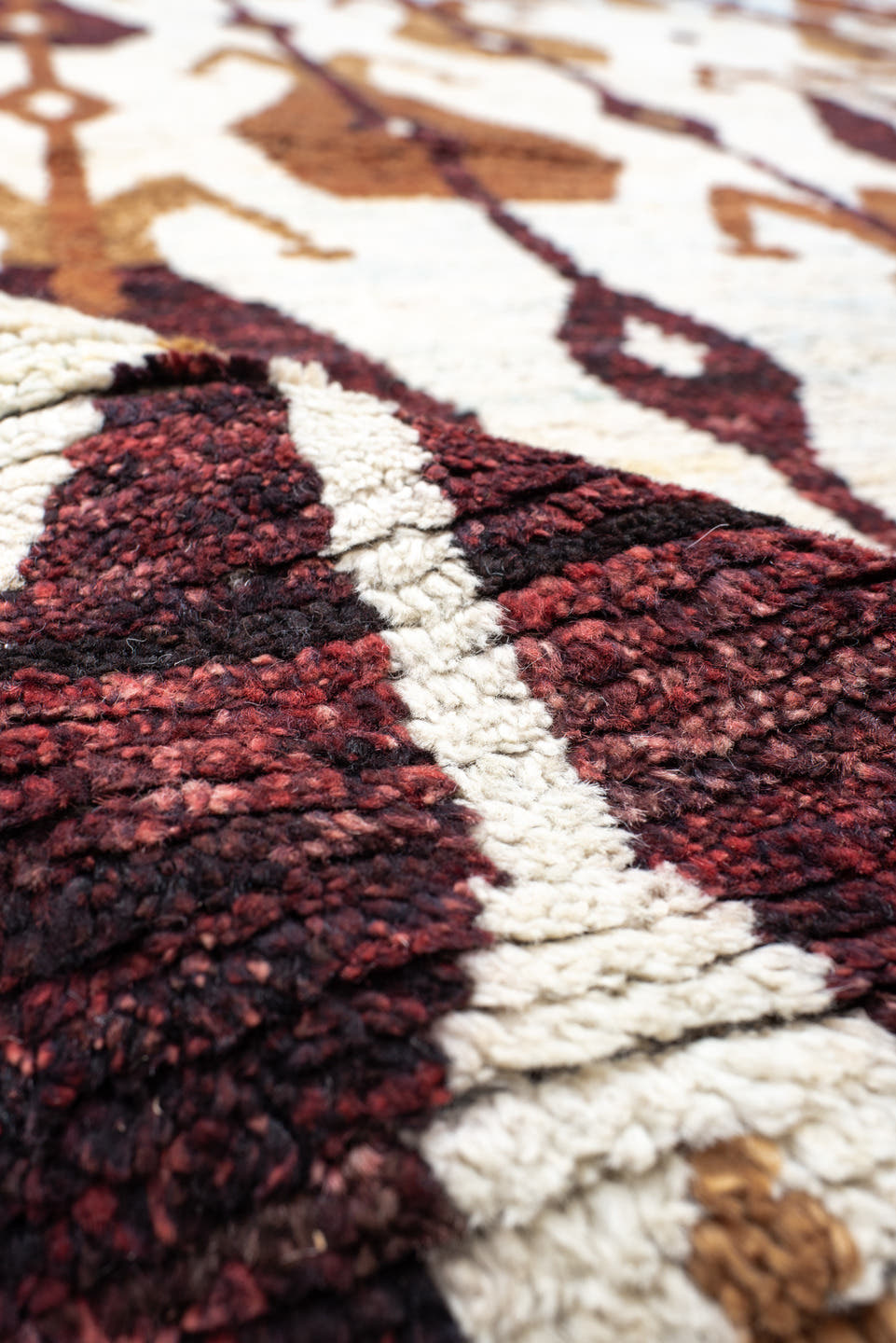 8' x 10' one-of-a-kind handmade vintage Tulu large size rug. Color palette: ivory, camel, rust, burgundy, sky_blue, taupe