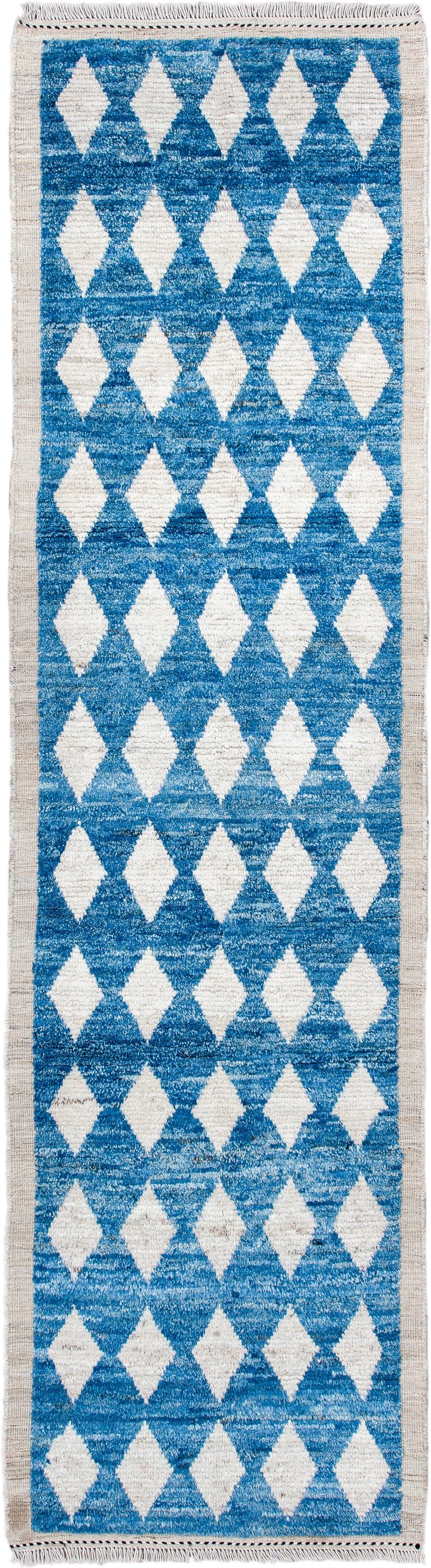 2' x 10' one-of-a-kind handmade vintage Tulu runner rug. Color palette: blue, ivory, cream