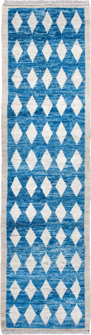 2' x 10' one-of-a-kind handmade vintage Tulu runner rug. Color palette: blue, ivory, cream