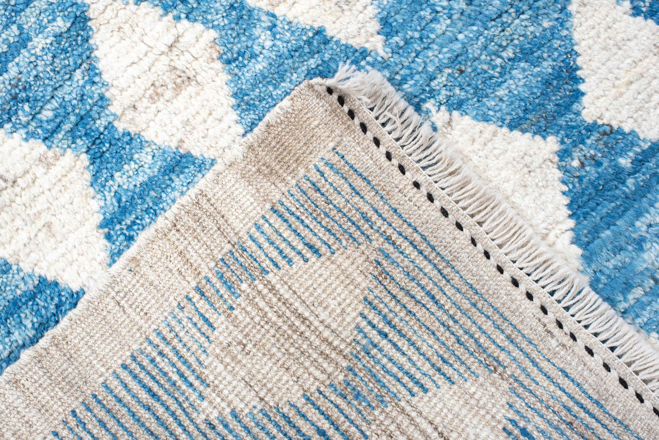 2' x 10' one-of-a-kind handmade vintage Tulu runner rug. Color palette: blue, ivory, cream