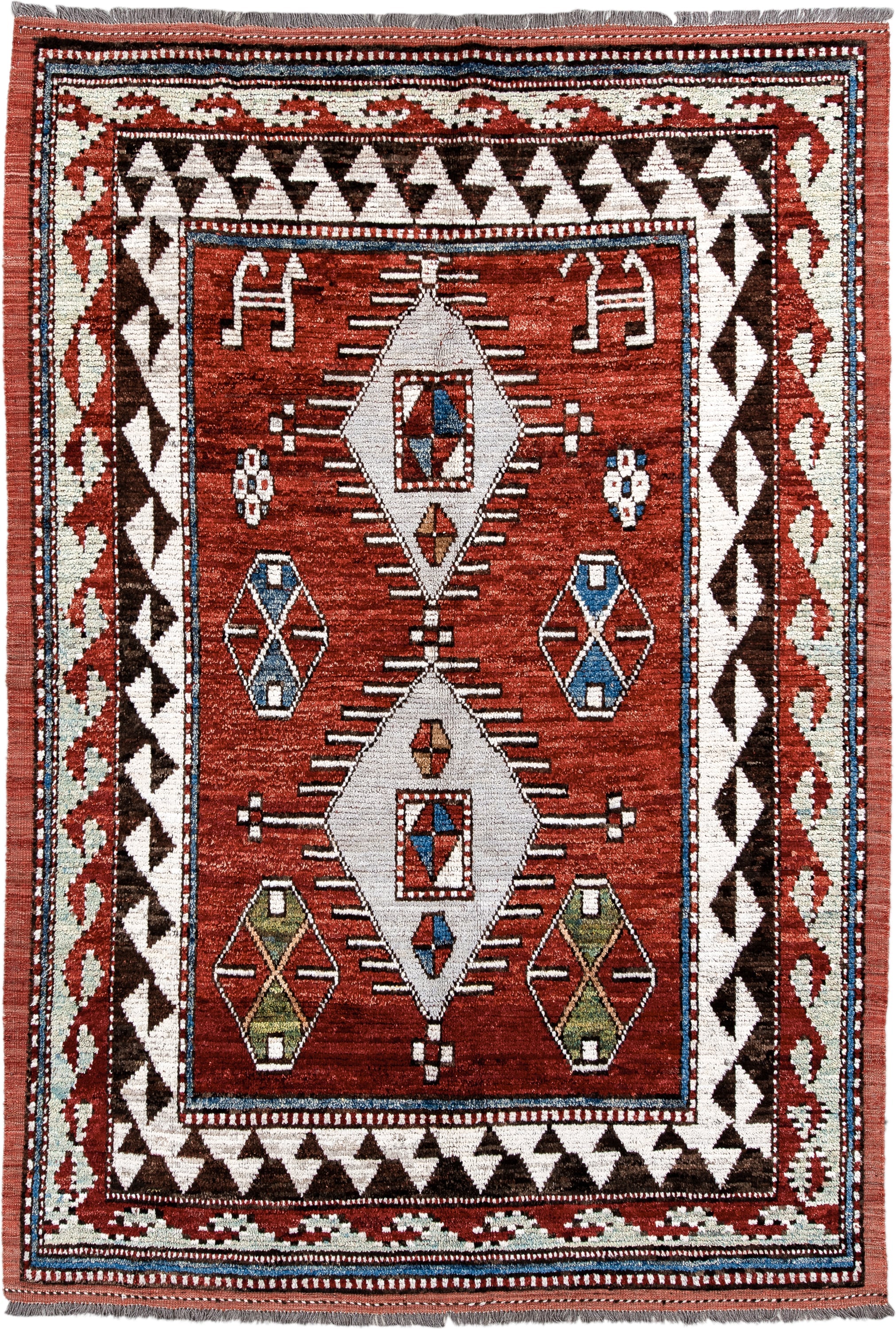 6' x 10' one-of-a-kind handmade vintage Tulu large size rug. Color palette: rust, ivory, brown, brick, blue, olive, charcoal