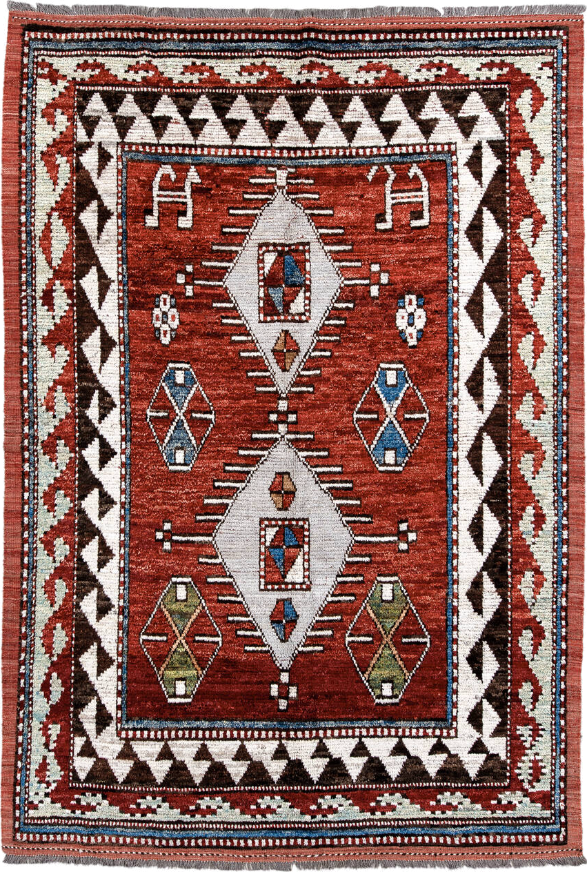 6' x 10' one-of-a-kind handmade vintage Tulu large size rug. Color palette: rust, ivory, brown, brick, blue, olive, charcoal