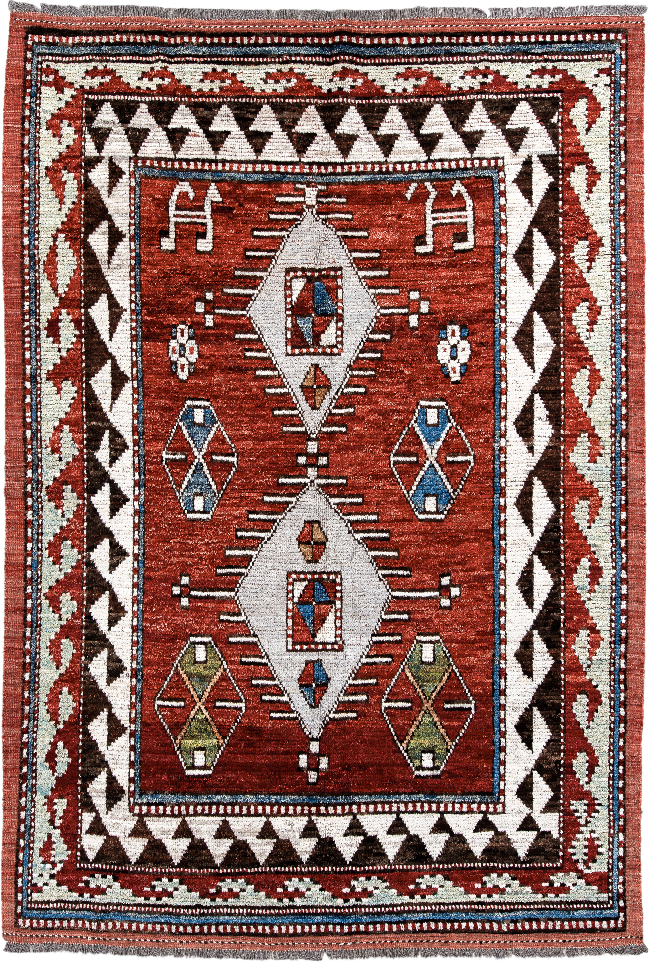 6' x 10' one-of-a-kind handmade vintage Tulu large size rug. Color palette: rust, ivory, brown, brick, blue, olive, charcoal