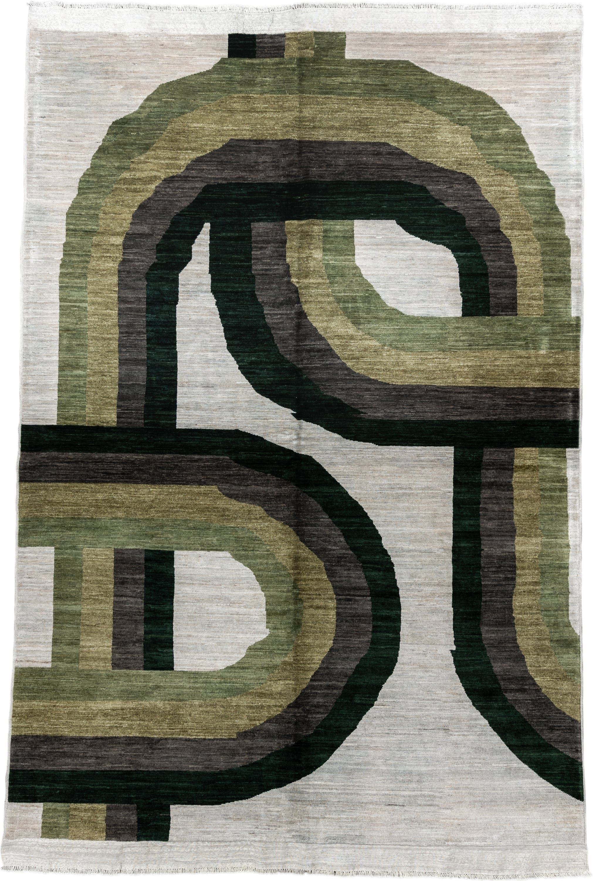 6' x 8' one-of-a-kind handmade handmade Contemporary medium size rug. Color palette: ivory, olive, sage, charcoal