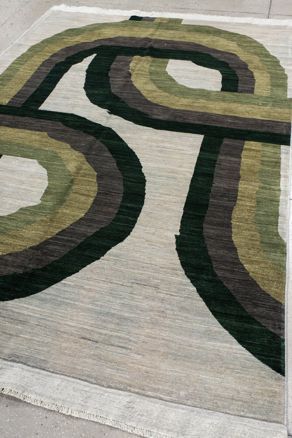 6' x 8' one-of-a-kind handmade handmade Contemporary medium size rug. Color palette: ivory, olive, sage, charcoal