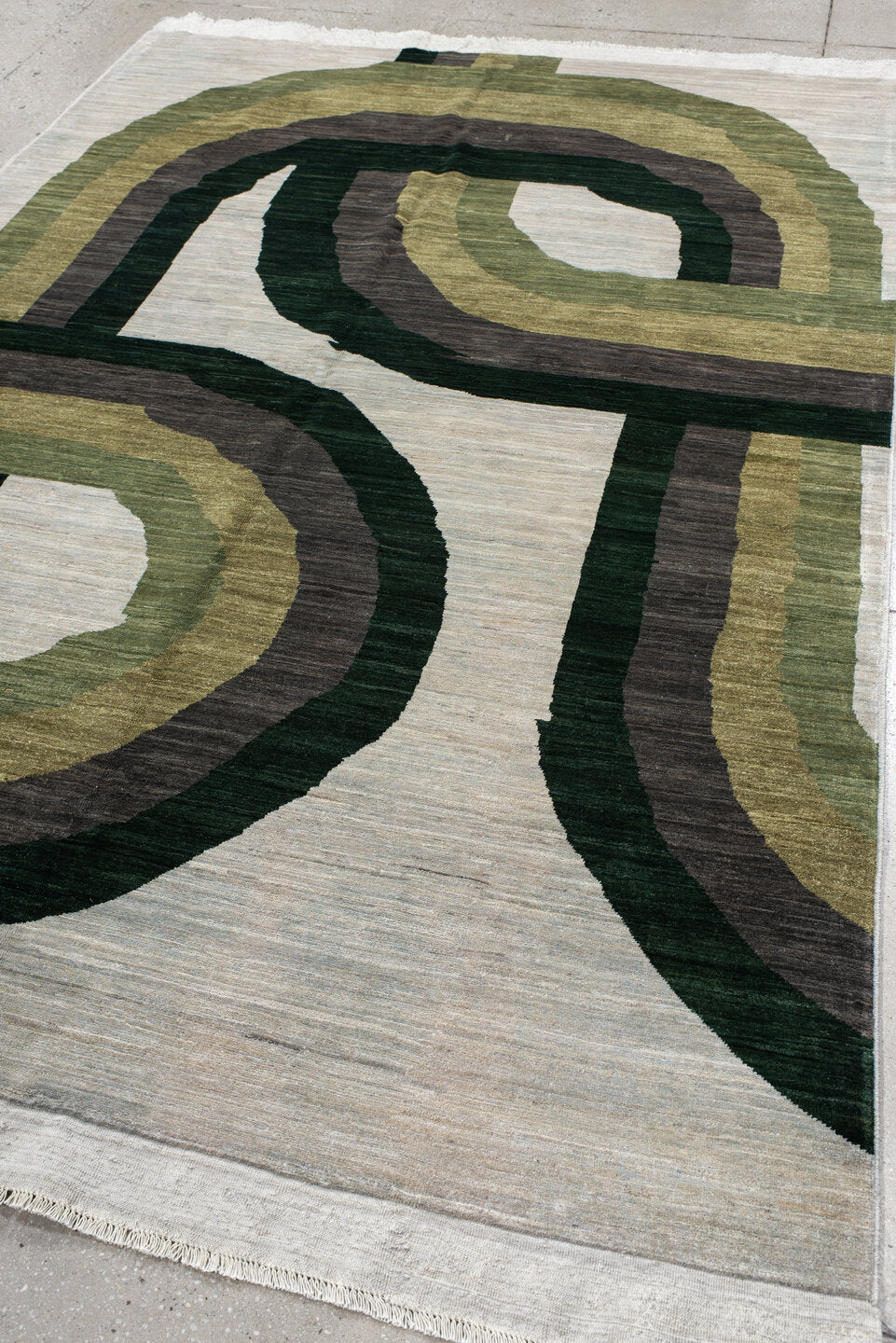 6' x 8' one-of-a-kind handmade handmade Contemporary medium size rug. Color palette: ivory, olive, sage, charcoal