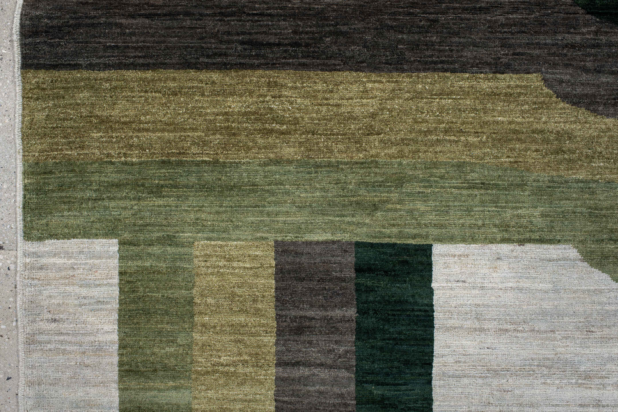 6' x 8' one-of-a-kind handmade handmade Contemporary medium size rug. Color palette: ivory, olive, sage, charcoal