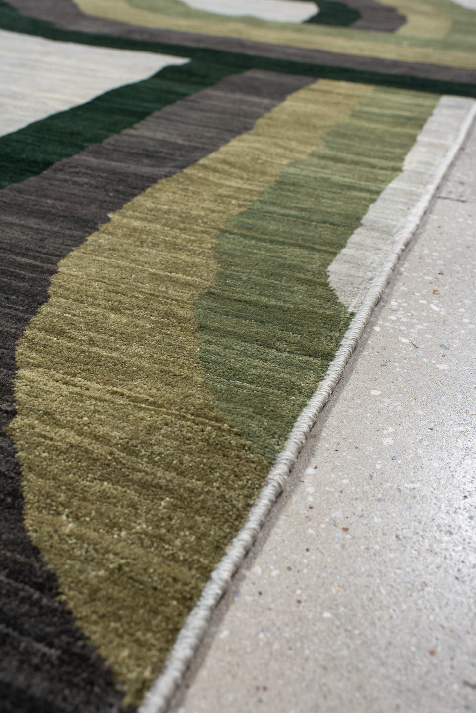 6' x 8' one-of-a-kind handmade handmade Contemporary medium size rug. Color palette: ivory, olive, sage, charcoal