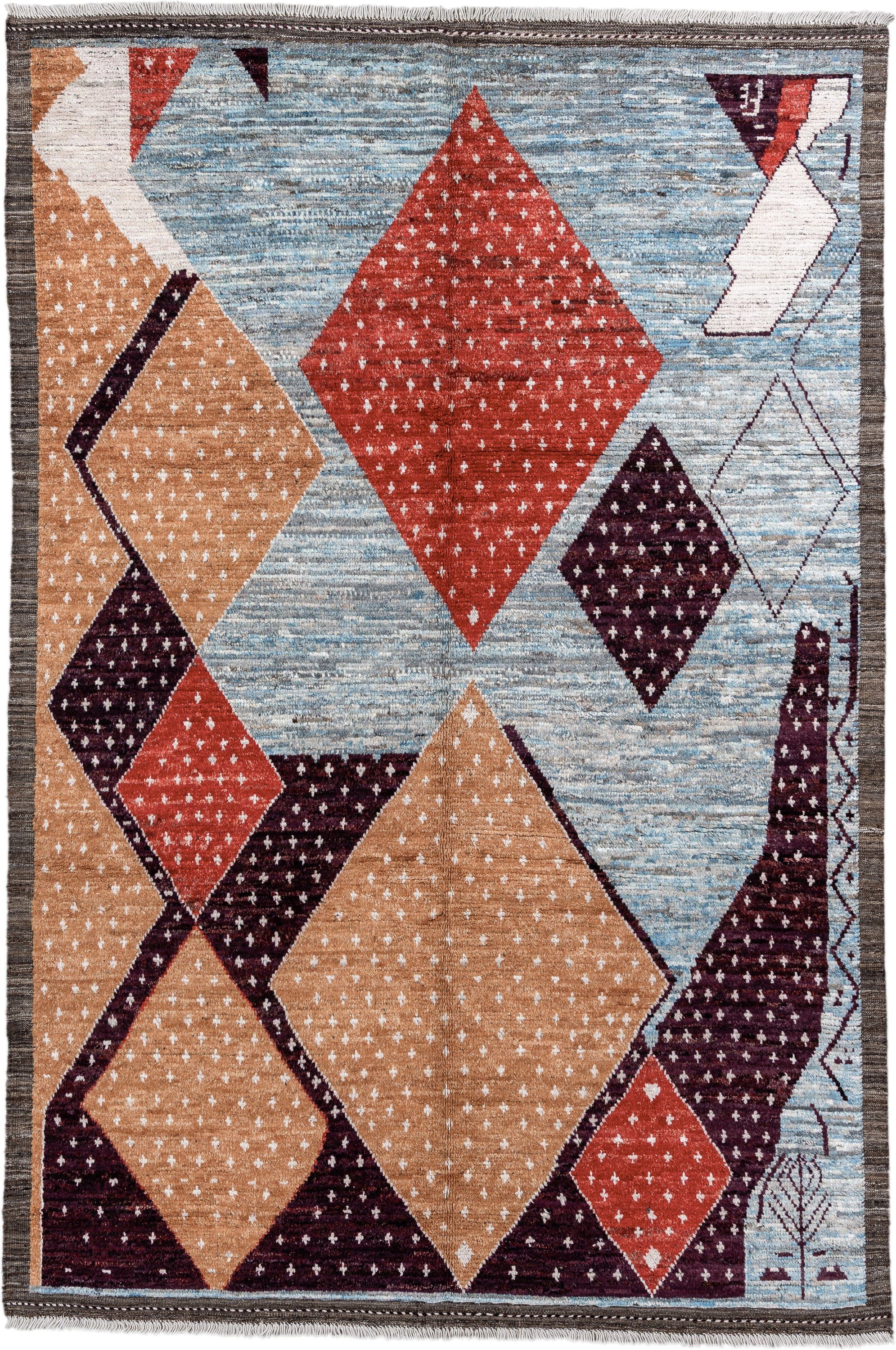 6' x 9' one-of-a-kind handmade vintage Tulu large size rug. Color palette: light blue, camel, plum, rust, ivory, charcoal