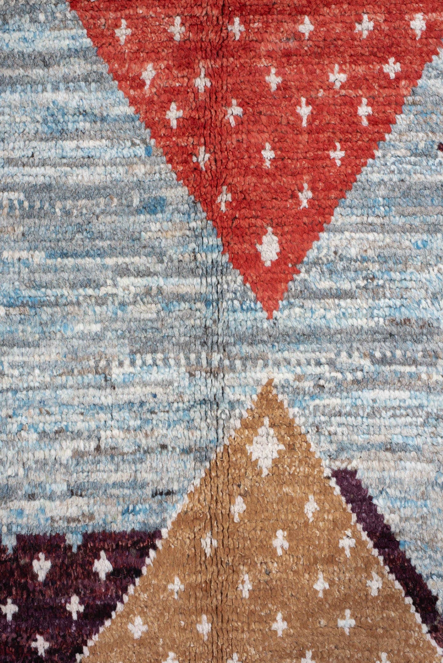 6' x 9' one-of-a-kind handmade vintage Tulu large size rug. Color palette: light blue, camel, plum, rust, ivory, charcoal