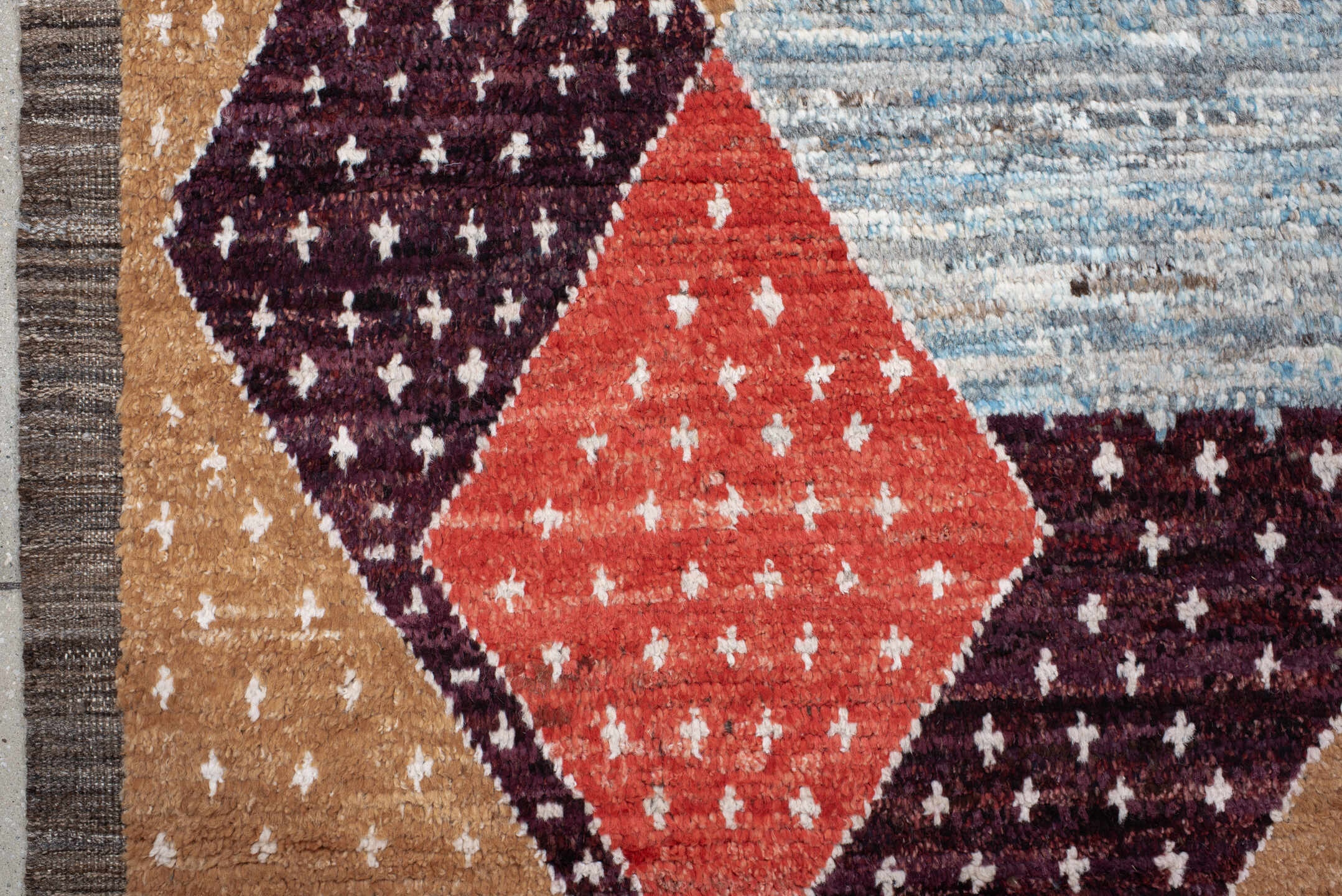 6' x 9' one-of-a-kind handmade vintage Tulu large size rug. Color palette: light blue, camel, plum, rust, ivory, charcoal