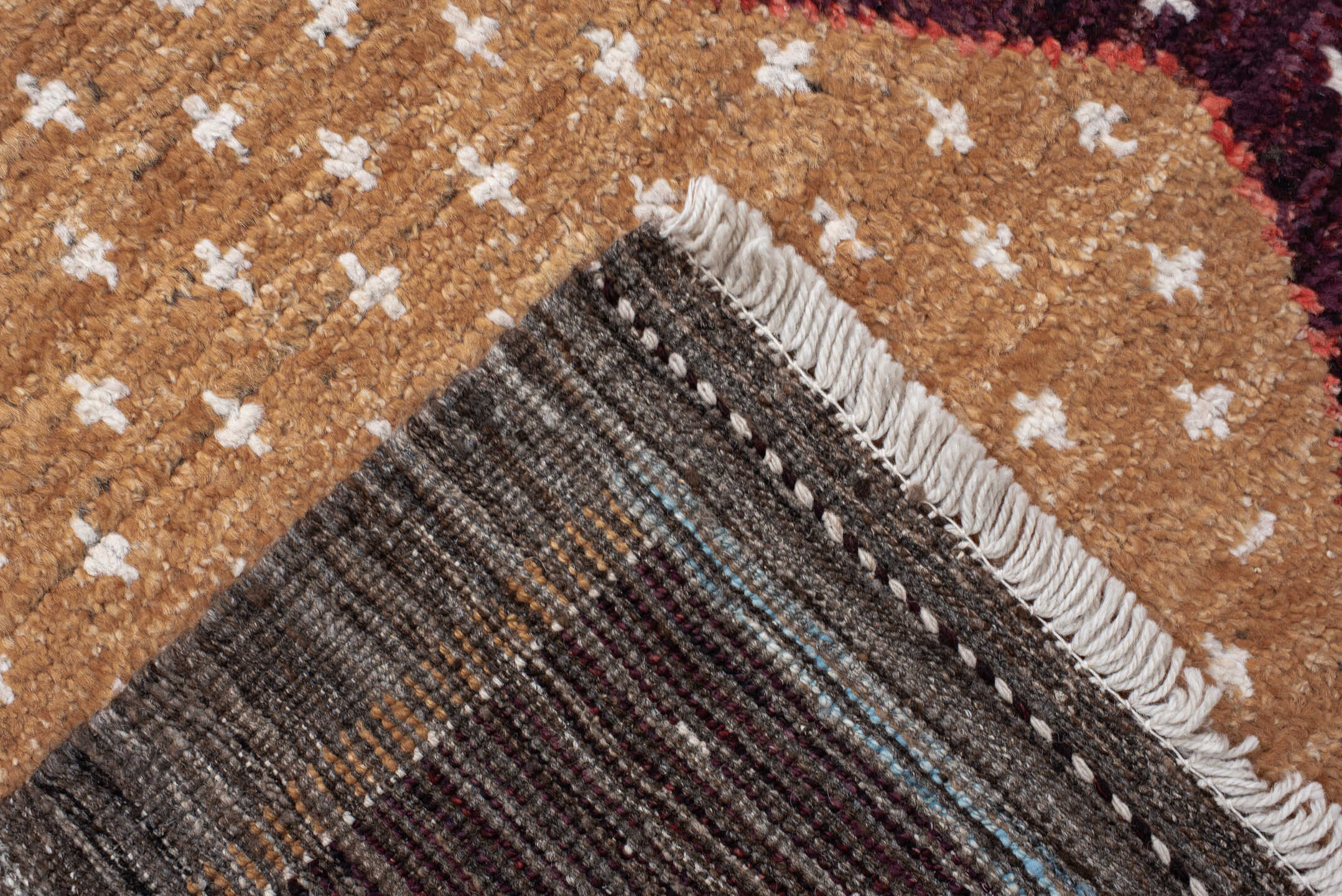 6' x 9' one-of-a-kind handmade vintage Tulu large size rug. Color palette: light blue, camel, plum, rust, ivory, charcoal