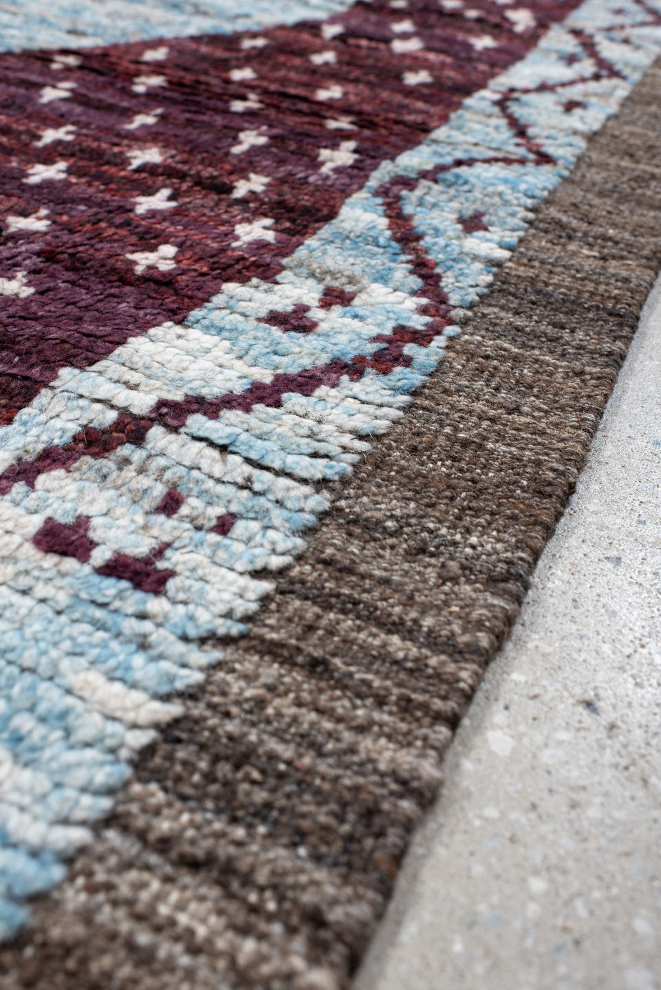 6' x 9' one-of-a-kind handmade vintage Tulu large size rug. Color palette: light blue, camel, plum, rust, ivory, charcoal