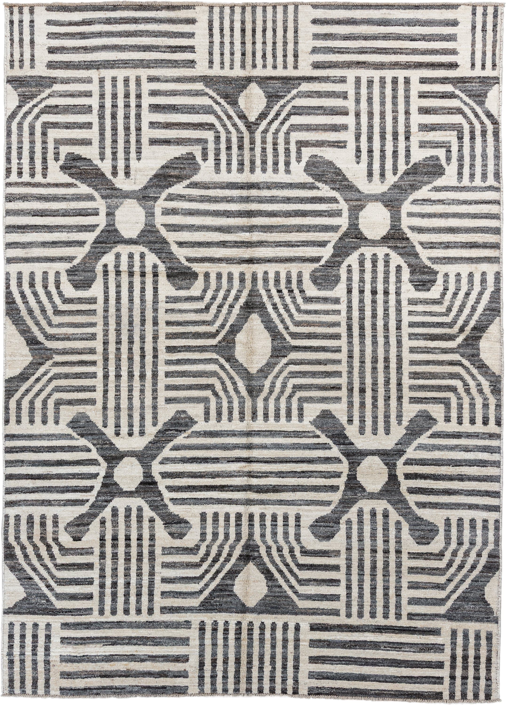 6' x 9' one-of-a-kind handmade vintage Tulu large size rug. Color palette: ivory, charcoal, cream, gray, black