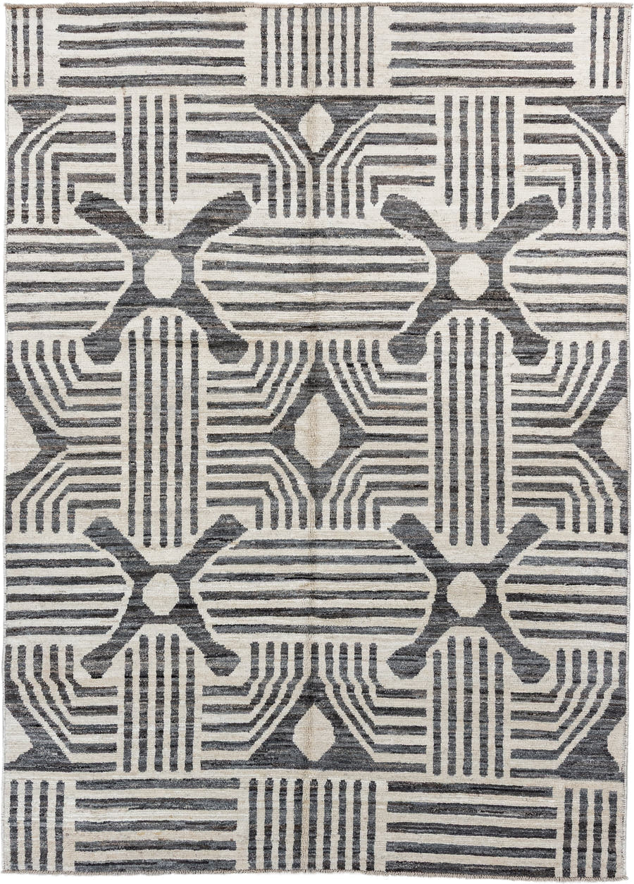 6' x 9' one-of-a-kind handmade vintage Tulu large size rug. Color palette: ivory, charcoal, cream, gray, black
