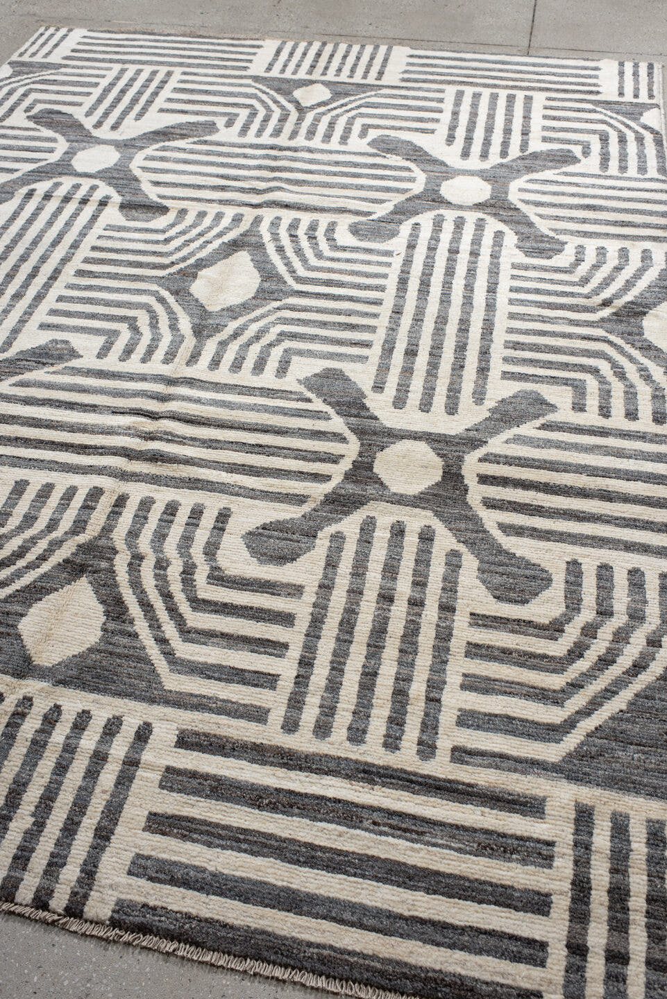 6' x 9' one-of-a-kind handmade vintage Tulu large size rug. Color palette: ivory, charcoal, cream, gray, black