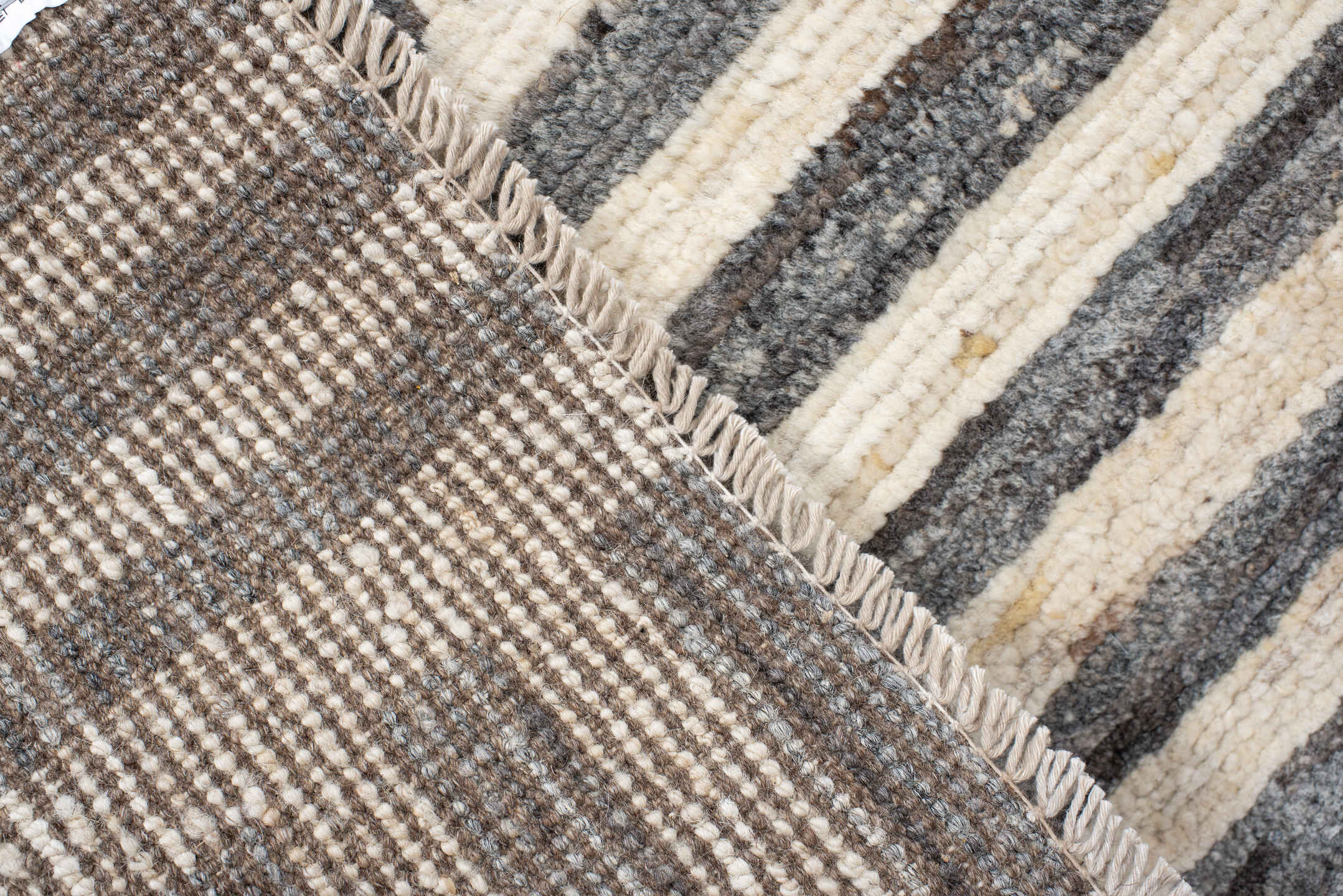 6' x 9' one-of-a-kind handmade vintage Tulu large size rug. Color palette: ivory, charcoal, cream, gray, black