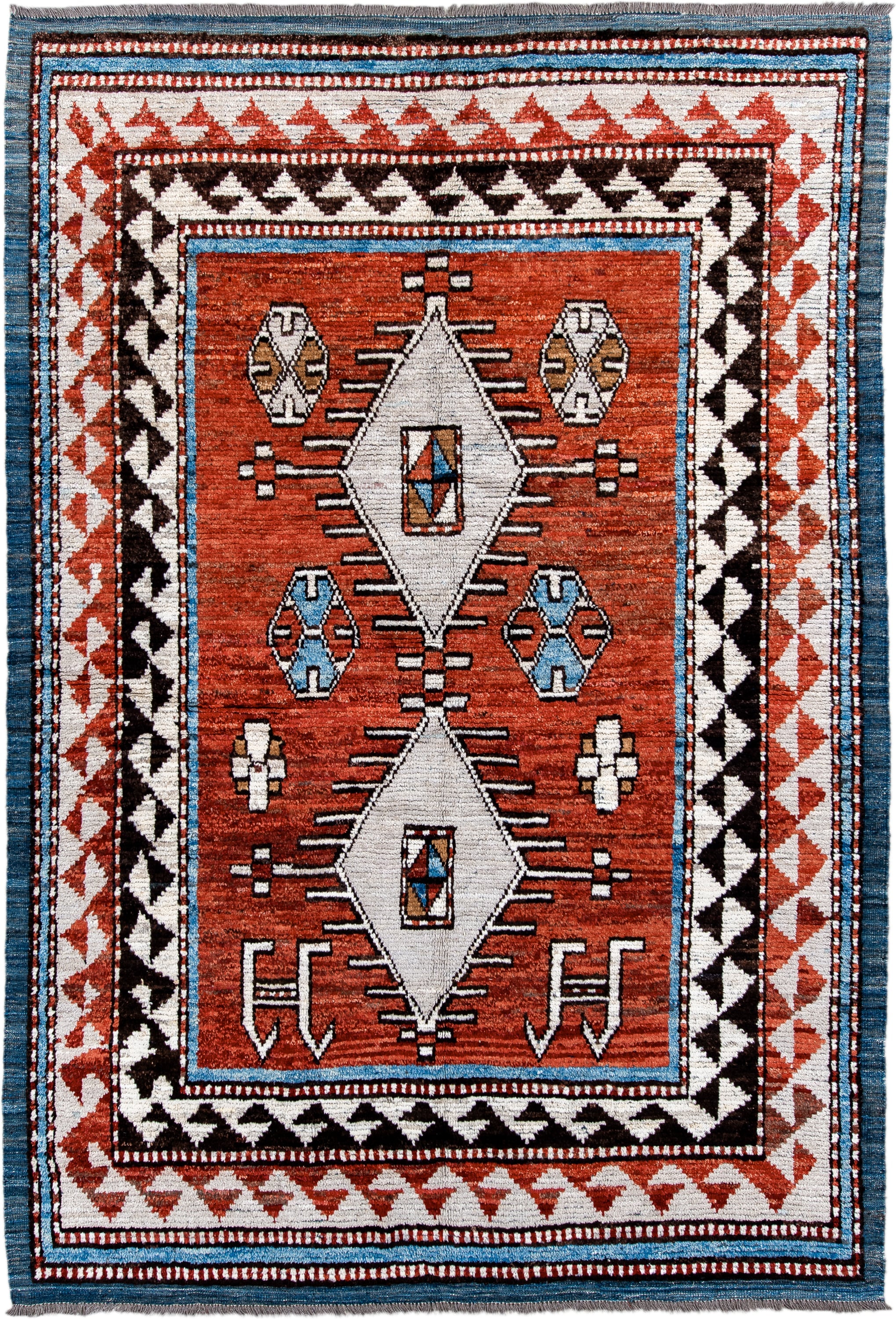 6' x 9' one-of-a-kind handmade vintage Tulu medium size rug. Color palette: rust, ivory, black, blue, brown, terracotta