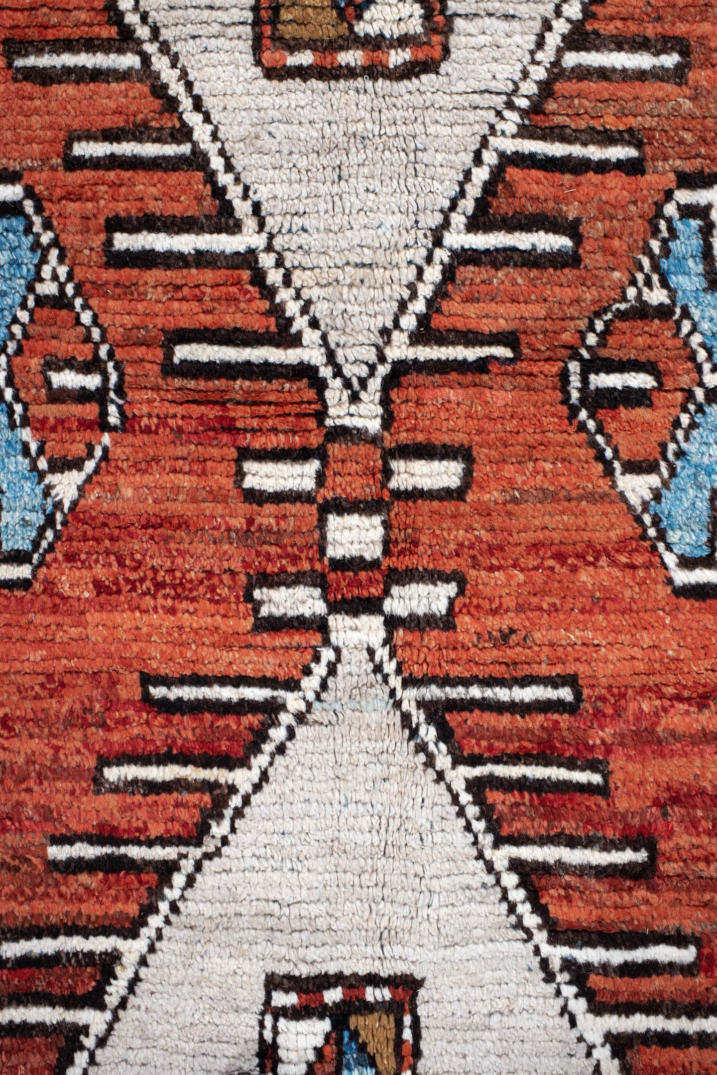 6' x 9' one-of-a-kind handmade vintage Tulu medium size rug. Color palette: rust, ivory, black, blue, brown, terracotta