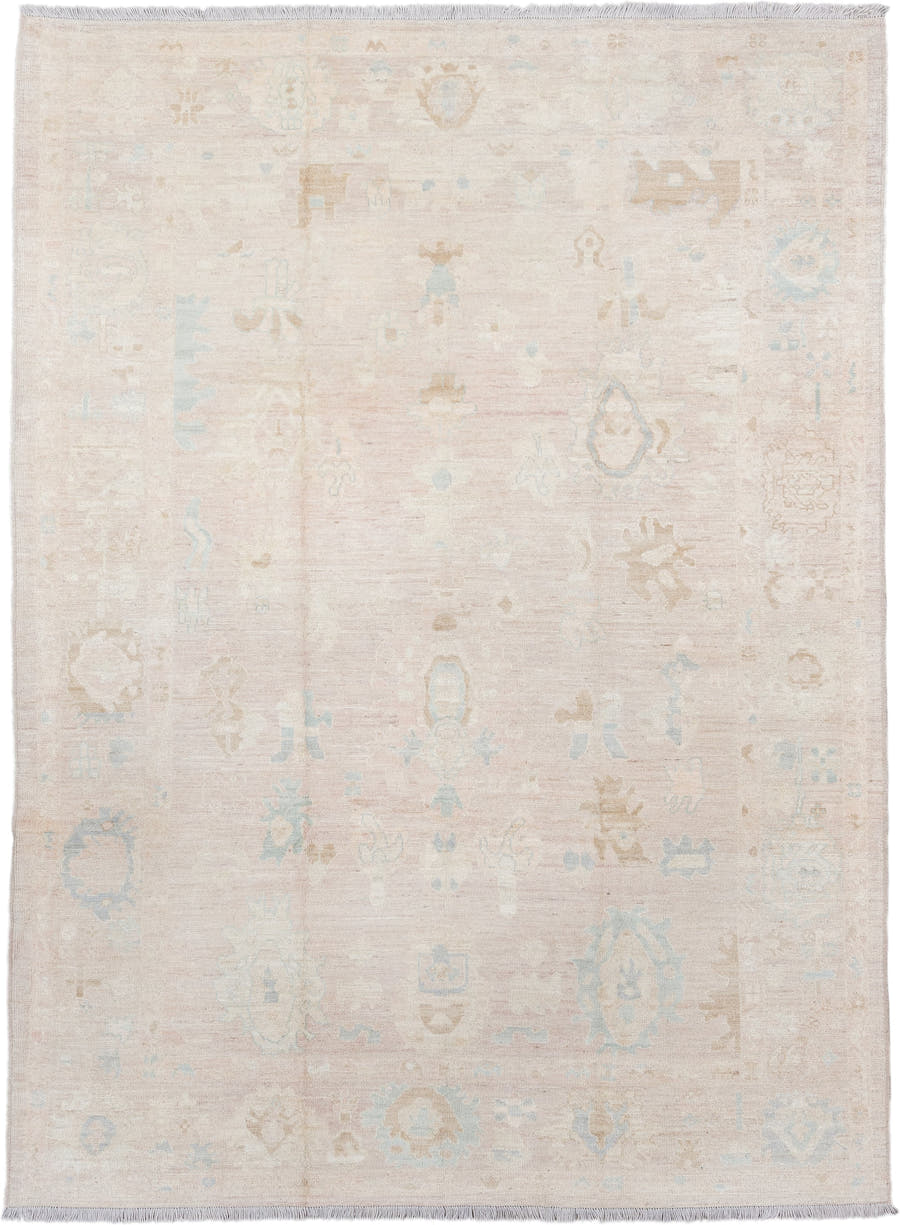 8' x 12' one-of-a-kind handmade vintage Oushak large size rug. Color palette: ivory, cream, blush, pale blue, beige, sand