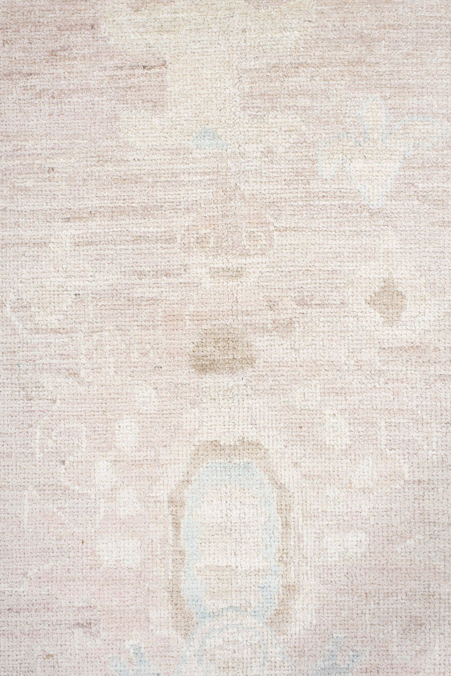 8' x 12' one-of-a-kind handmade vintage Oushak large size rug. Color palette: ivory, cream, blush, pale blue, beige, sand