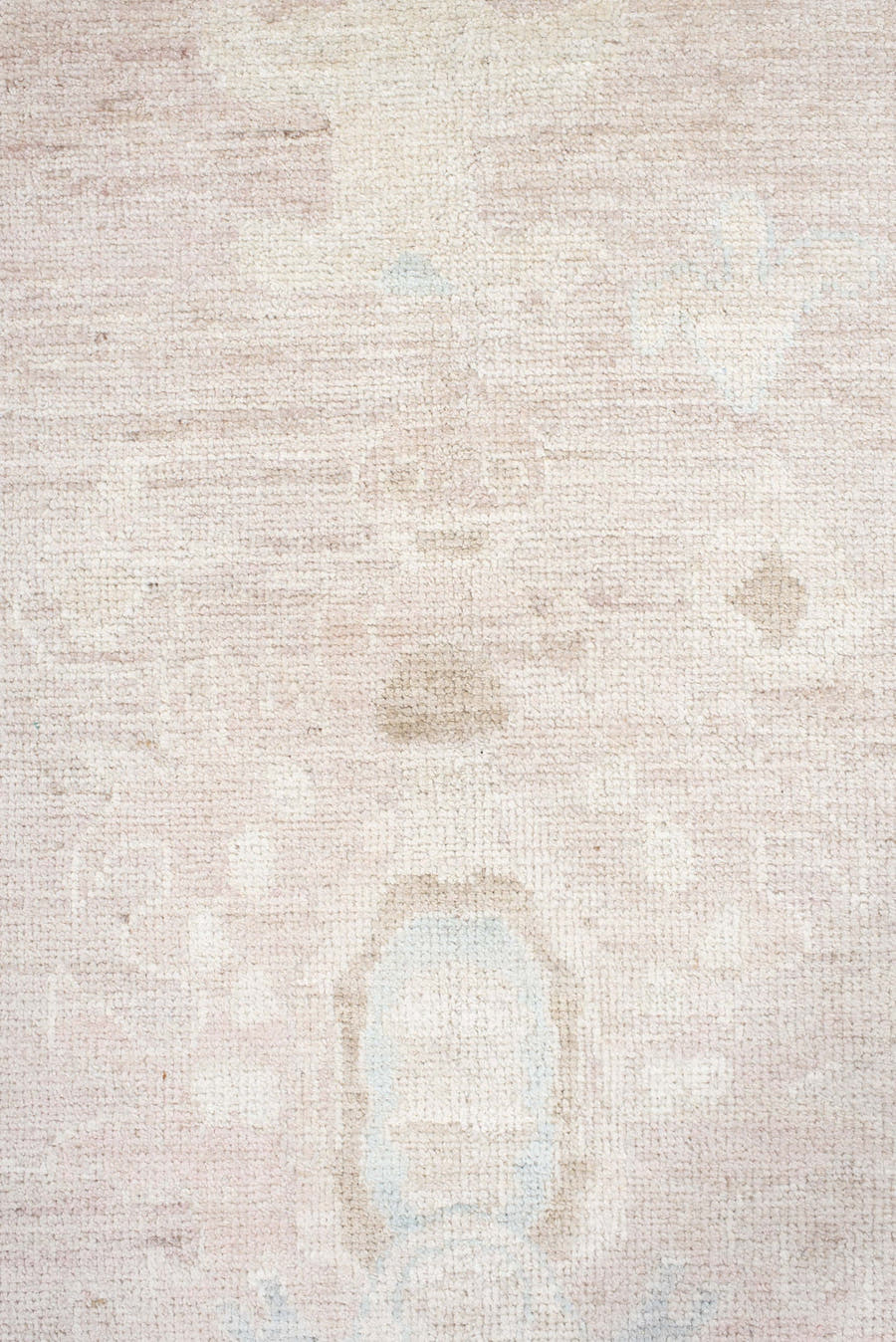 8' x 12' one-of-a-kind handmade vintage Oushak large size rug. Color palette: ivory, cream, blush, pale blue, beige, sand