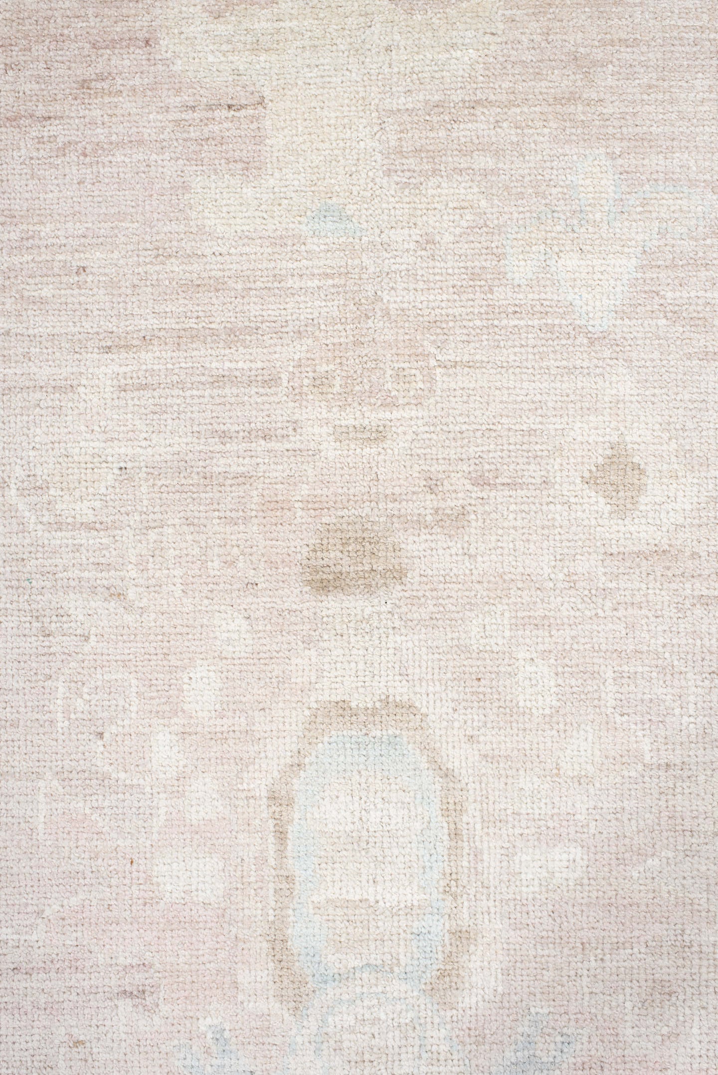 8' x 12' one-of-a-kind handmade vintage Oushak large size rug. Color palette: ivory, cream, blush, pale blue, beige, sand