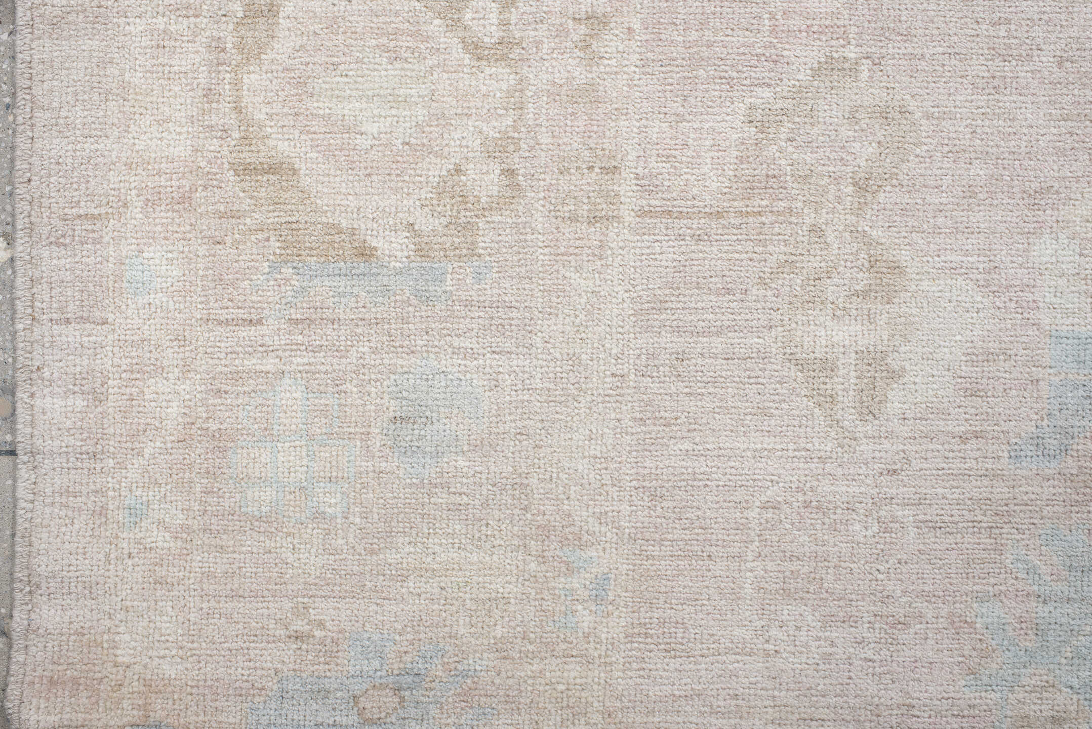8' x 12' one-of-a-kind handmade vintage Oushak large size rug. Color palette: ivory, cream, blush, pale blue, beige, sand