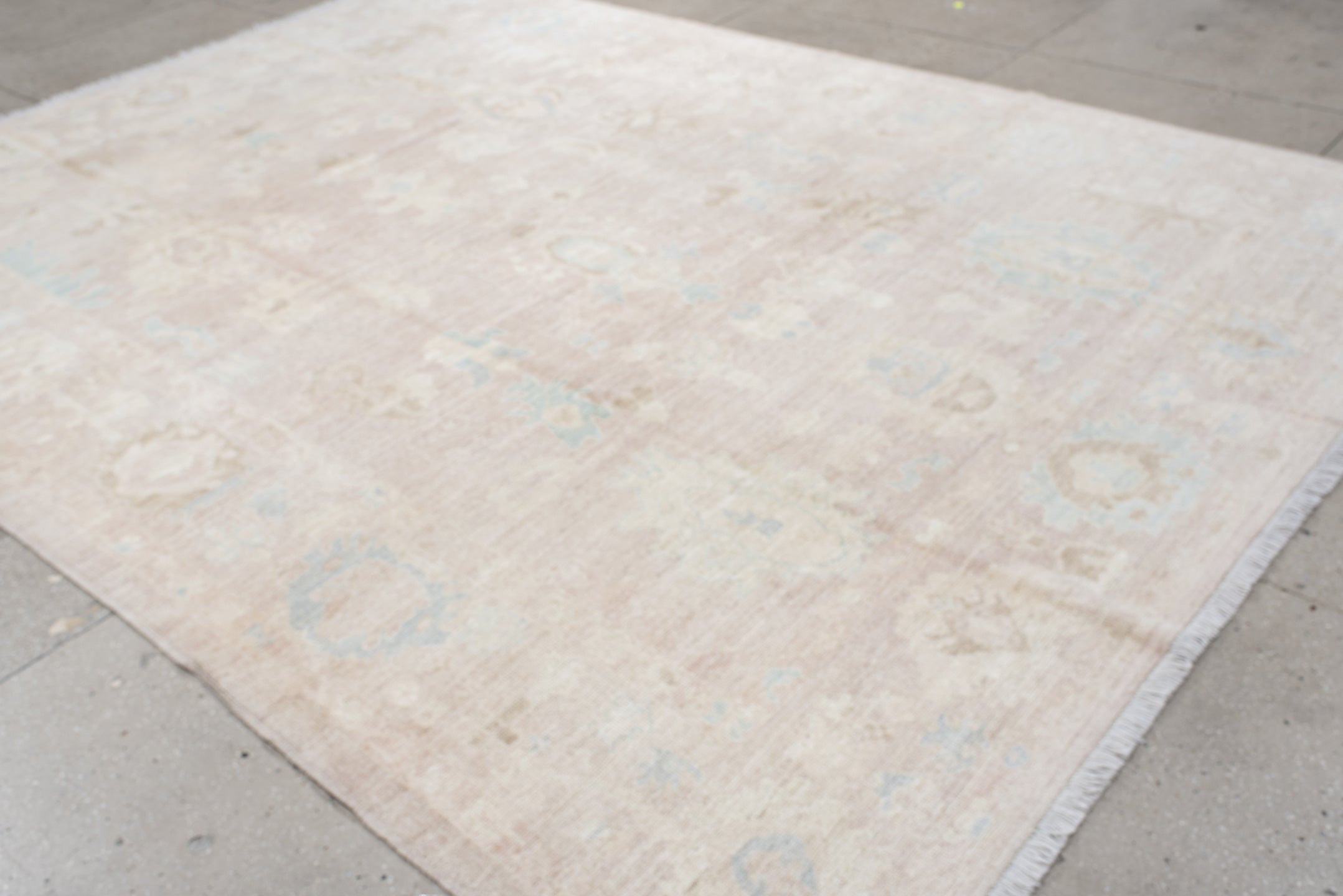 8' x 12' one-of-a-kind handmade vintage Oushak large size rug. Color palette: ivory, cream, blush, pale blue, beige, sand