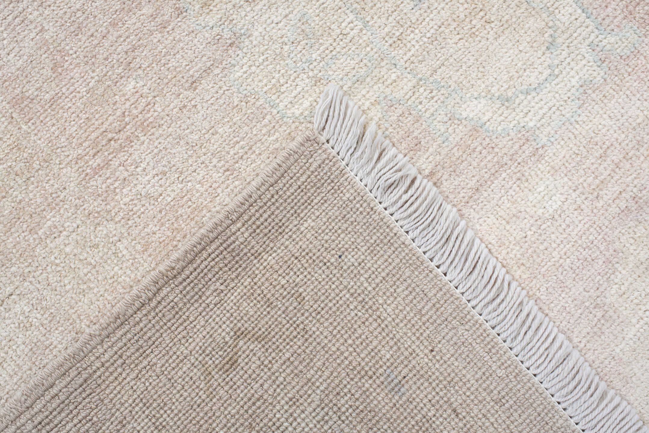8' x 12' one-of-a-kind handmade vintage Oushak large size rug. Color palette: ivory, cream, blush, pale blue, beige, sand