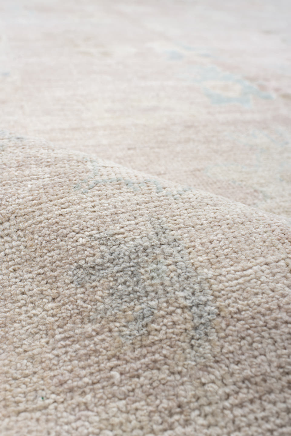 8' x 12' one-of-a-kind handmade vintage Oushak large size rug. Color palette: ivory, cream, blush, pale blue, beige, sand