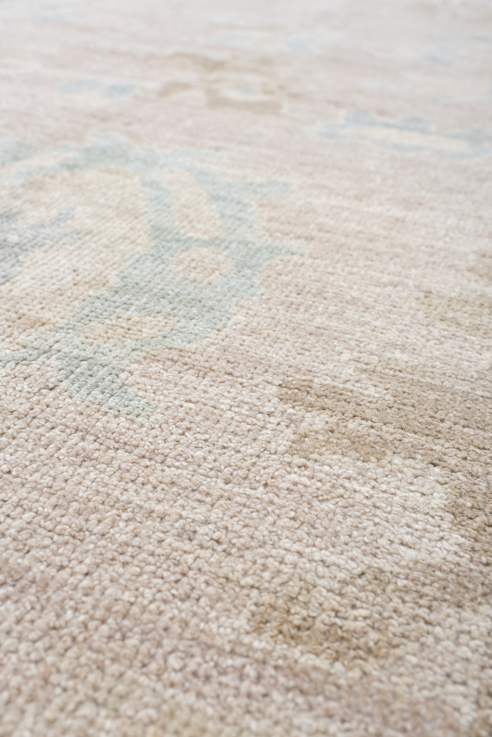 8' x 12' one-of-a-kind handmade vintage Oushak large size rug. Color palette: ivory, cream, blush, pale blue, beige, sand