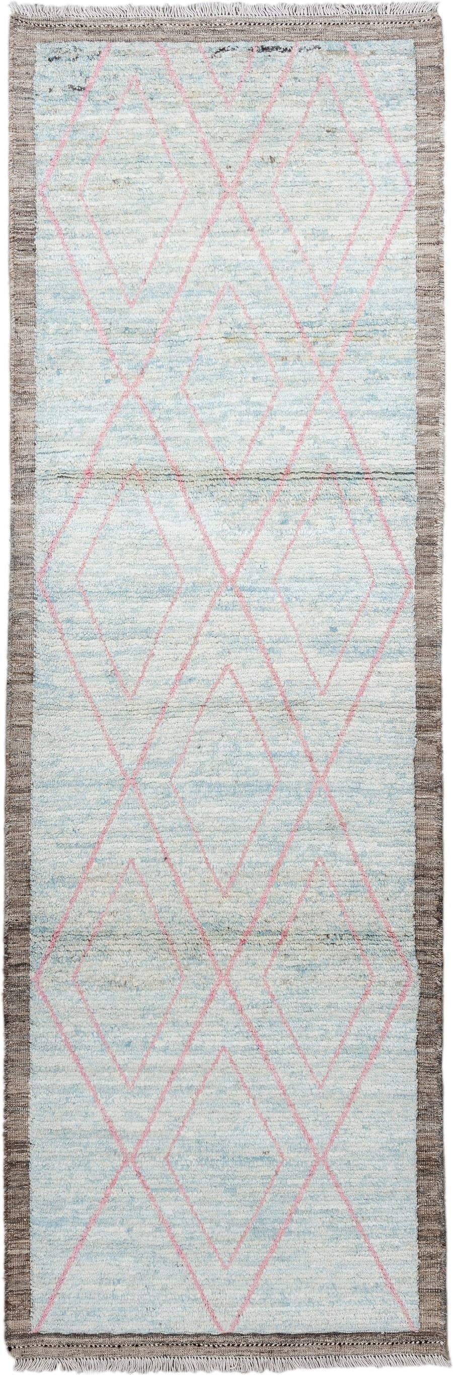 3' x 9' one-of-a-kind handmade vintage Tulu runner rug. Color palette: ivory, pale blue, taupe, blush, charcoal, light blue