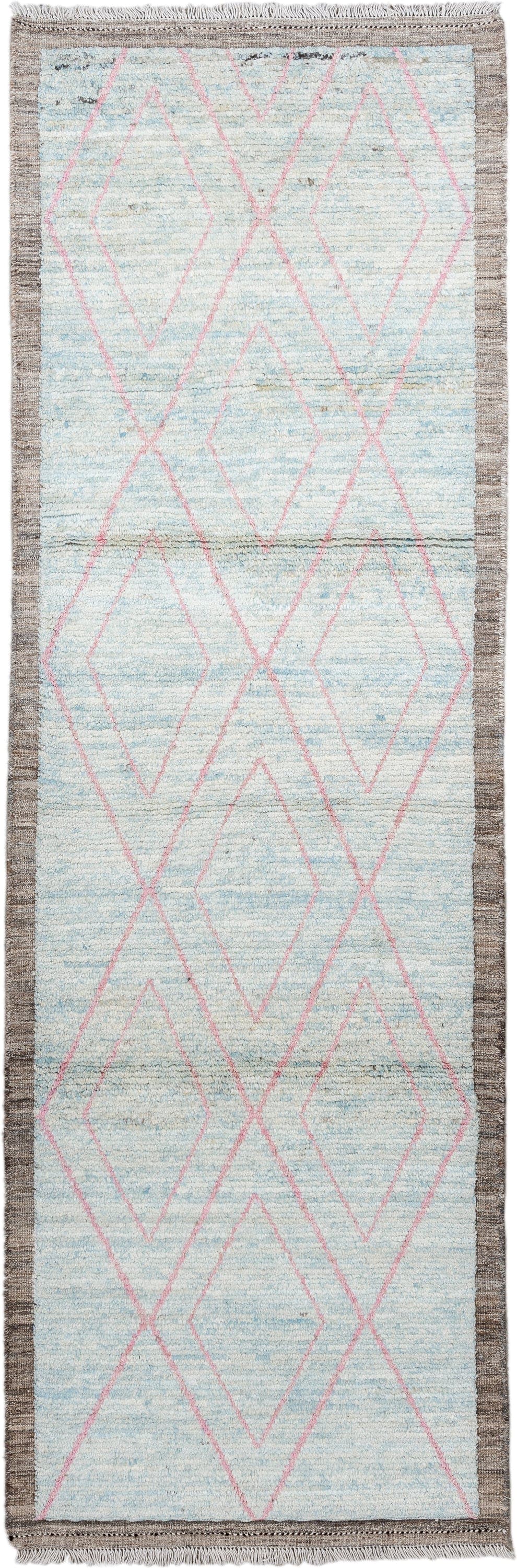 3' x 9' one-of-a-kind handmade vintage Tulu runner rug. Color palette: ivory, pale blue, taupe, blush, charcoal, light blue