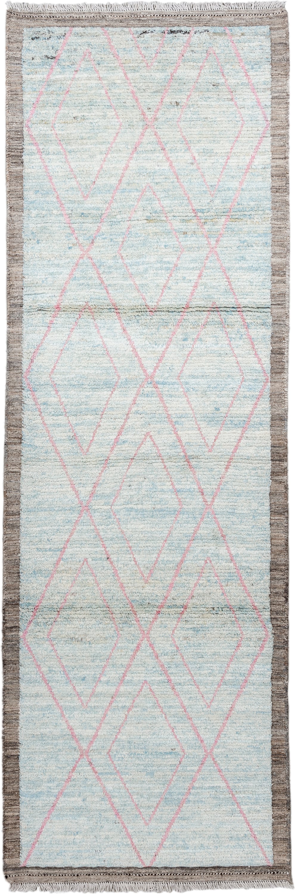 3' x 9' one-of-a-kind handmade vintage Tulu runner rug. Color palette: ivory, pale blue, taupe, blush, charcoal, light blue