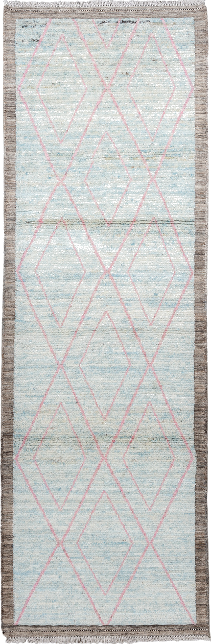 3' x 9' one-of-a-kind handmade vintage Tulu runner rug. Color palette: dim gray, gainsboro, gray, light blue, light gray